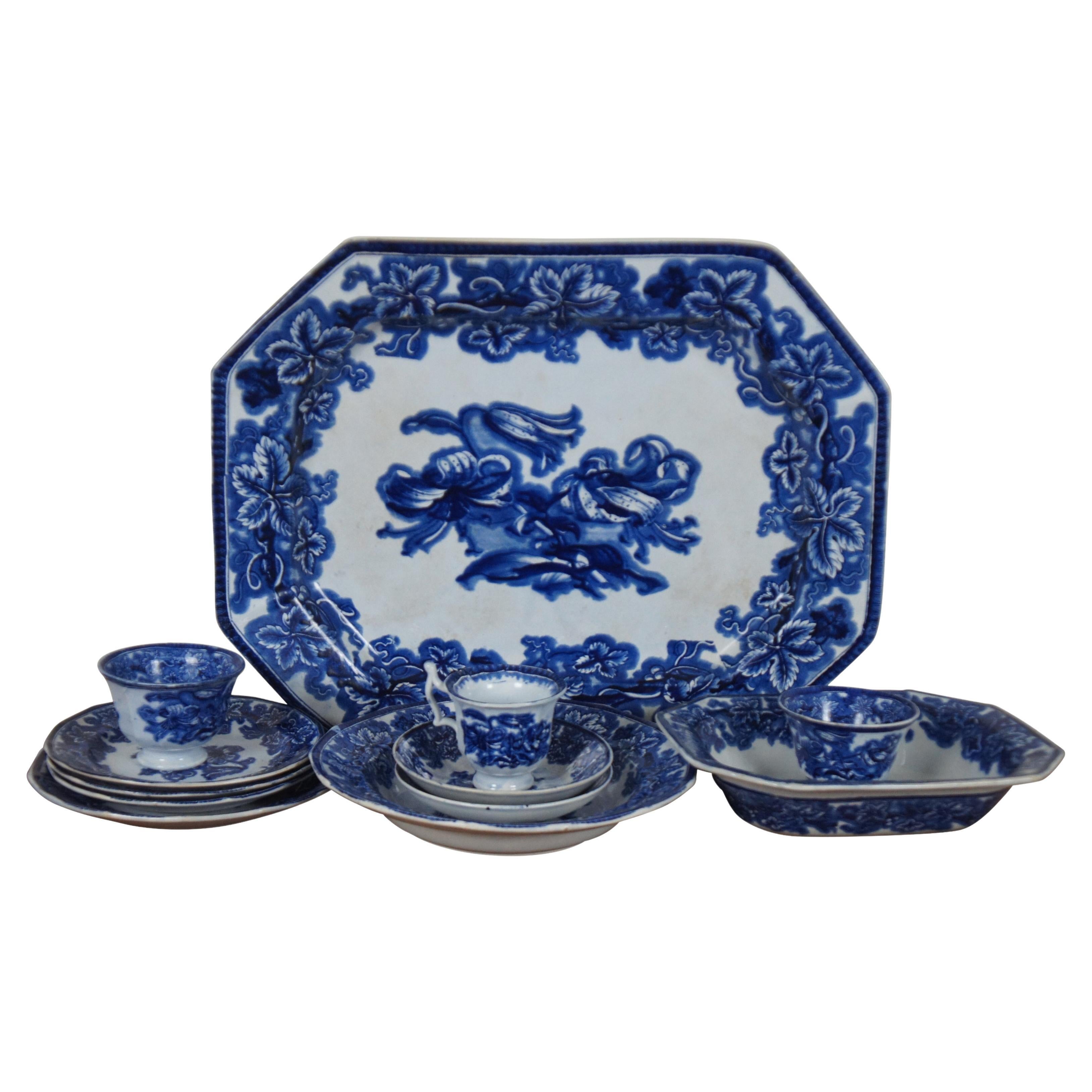 12 Antique 19th Century English G Phillips Ironstone Lobelia Flow Blue Porcelain