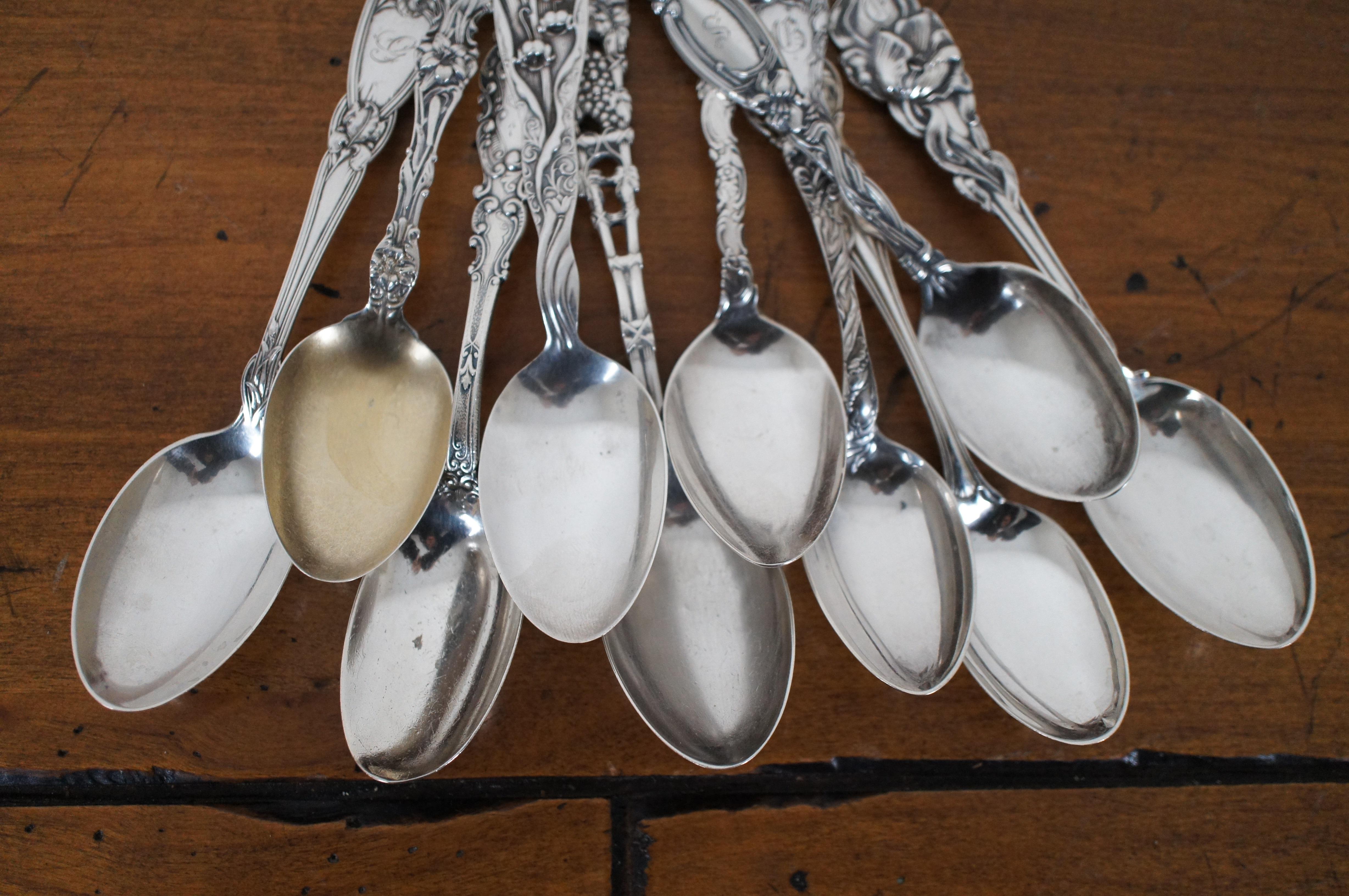 20th Century 12 Antique Art Nouveau Assorted Ornate Sterling Silver 925 Spoons 258g
