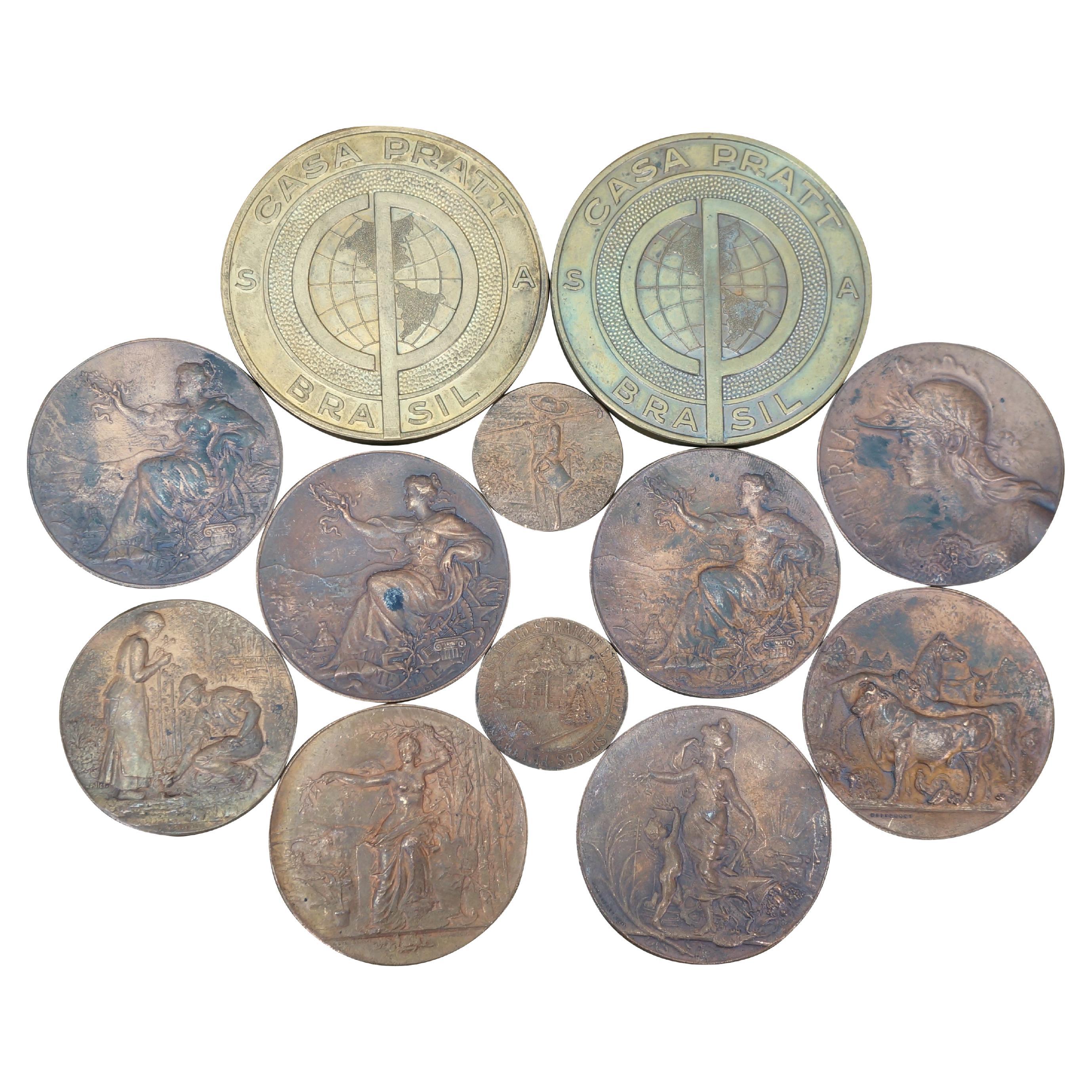 12 Medallas Antiguas Art Nouveau Bronce NCR Empleado Medallones Premios