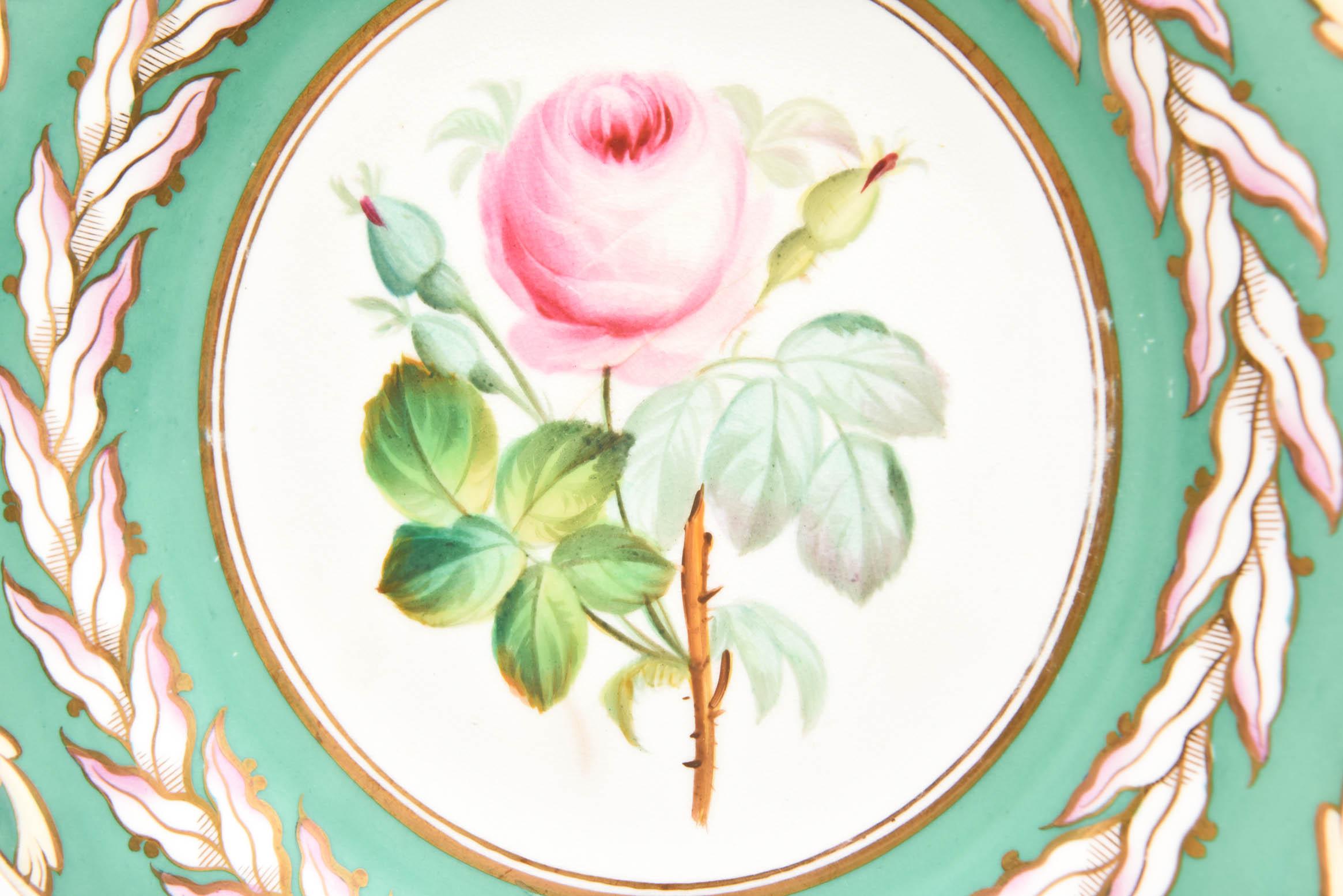 12 Antique Botanical Plates, English Porcelain 19th Century Handpainted Florals In Good Condition In West Palm Beach, FL