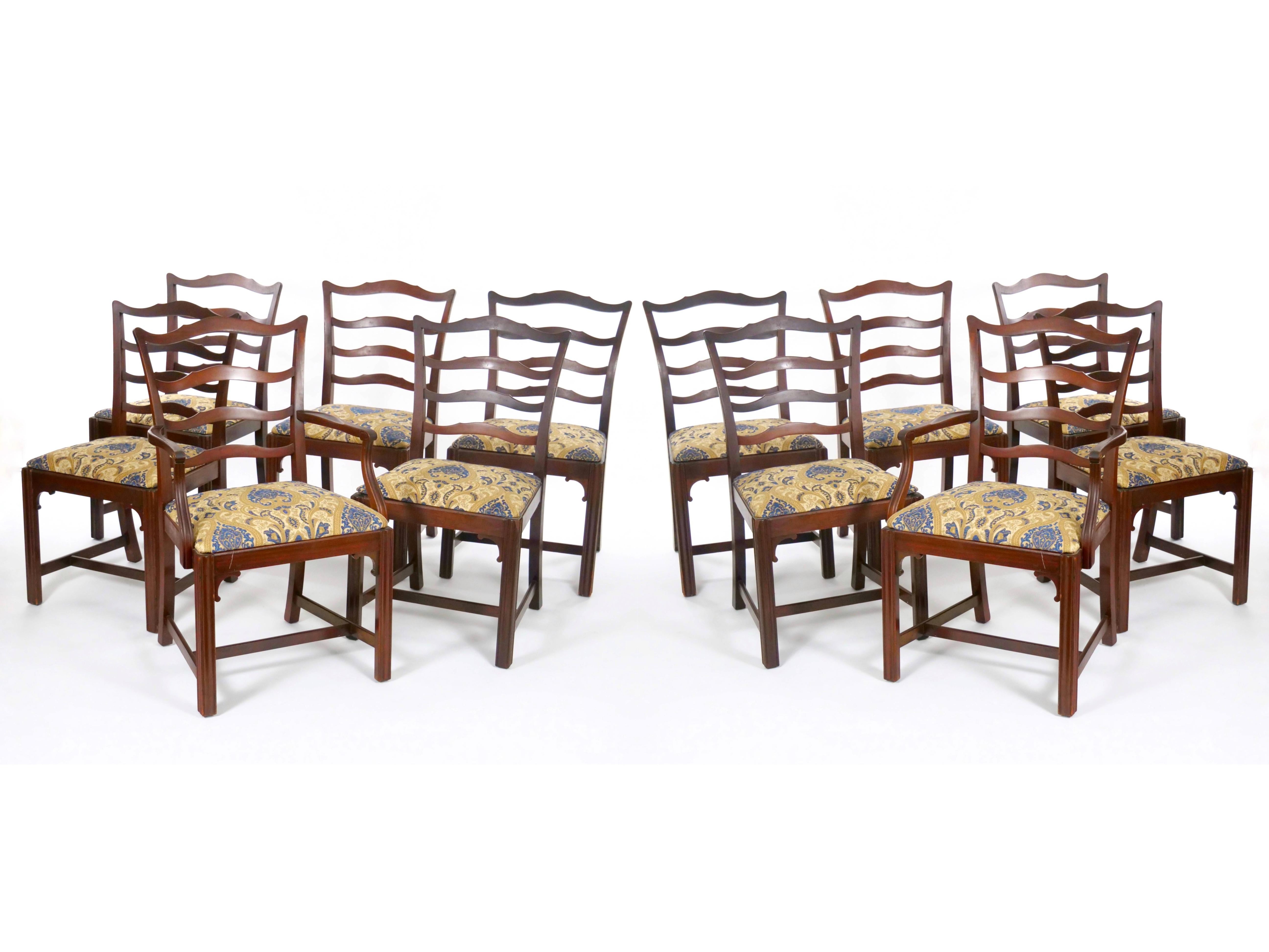 Hand-Carved 12 Antique Chippendale Style Carved Mahogany Ribbon Back Dining Chairs For Sale