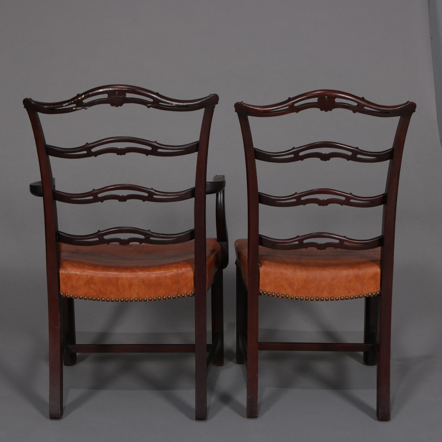 American 12 Antique Chippendale Style Carved Mahogany Ribbon Back Dining Chairs