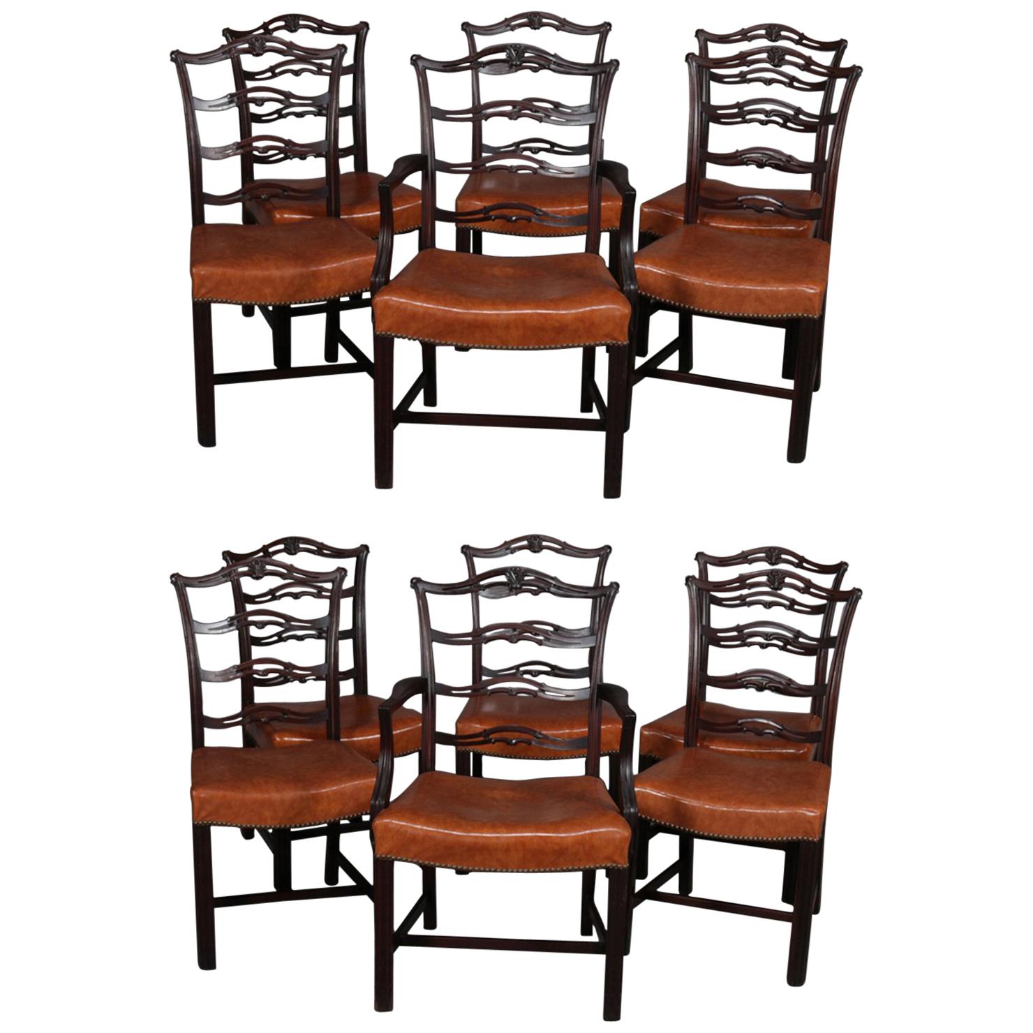 12 Antique Chippendale Style Carved Mahogany Ribbon Back Dining Chairs