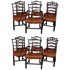 12 Antique Chippendale Style Carved Mahogany Ribbon Back Dining Chairs
