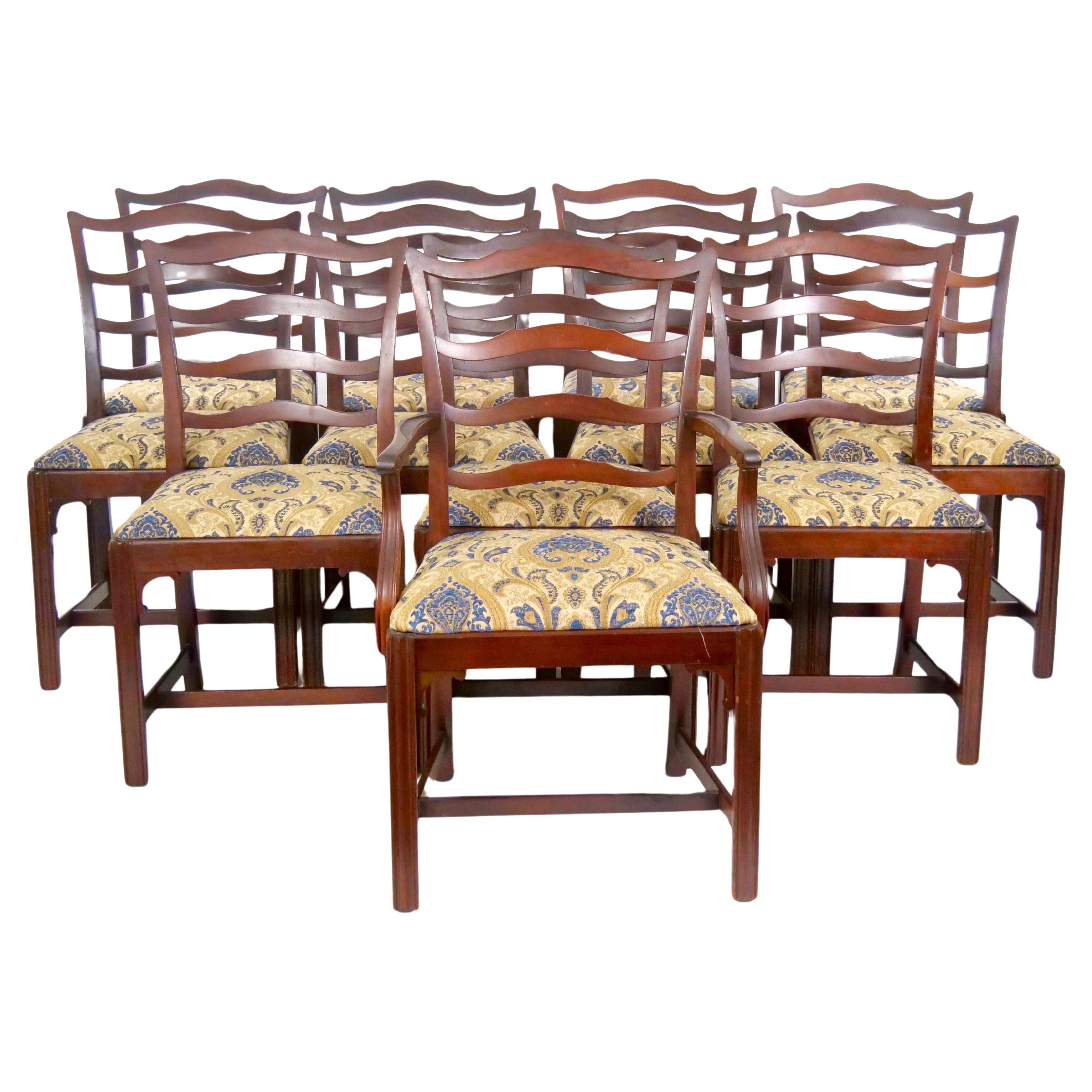 12 Antique Chippendale Style Carved Mahogany Ribbon Back Dining Chairs For Sale