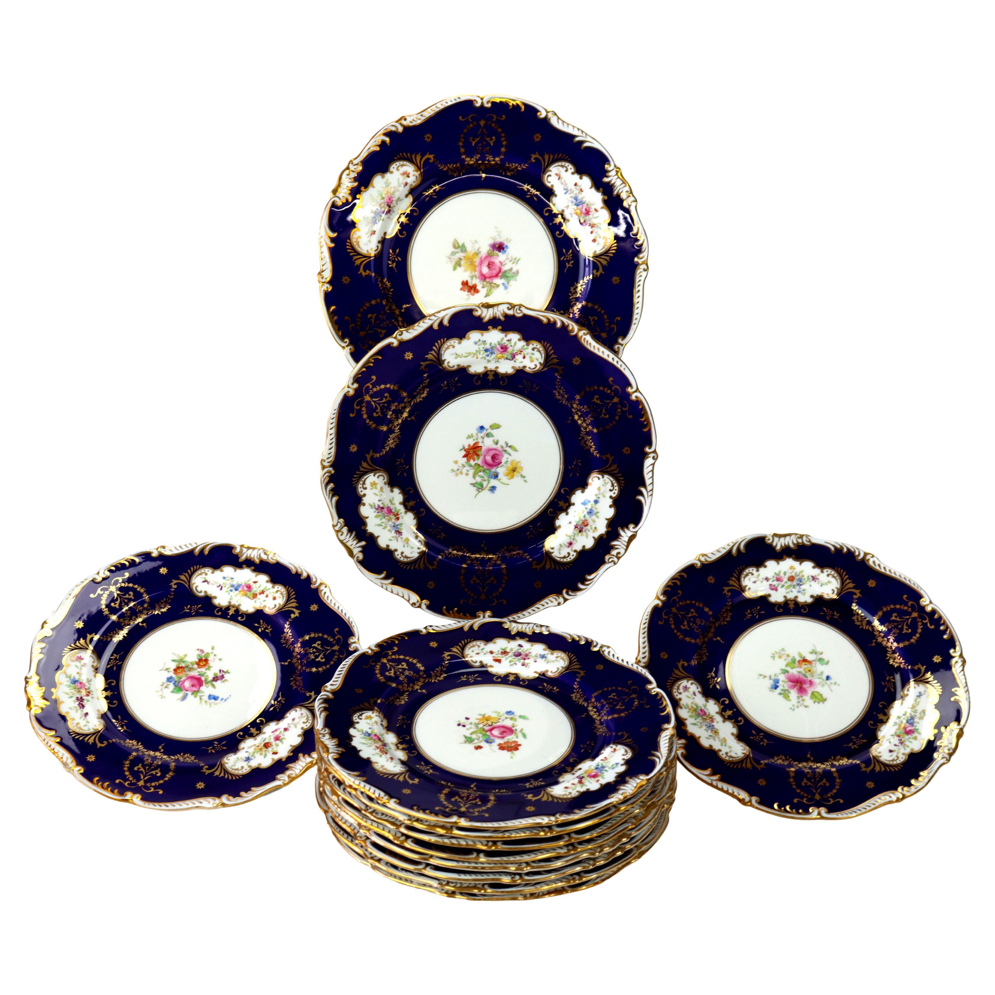 12 Antique Coalport Cobalt Blue & Gilt Porcelain Plates Signed C1900 For Sale