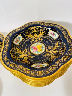12 Antique Cobalt Blue Hand Painted Floral Cartouches Shaped Soup or Entre Bowls
