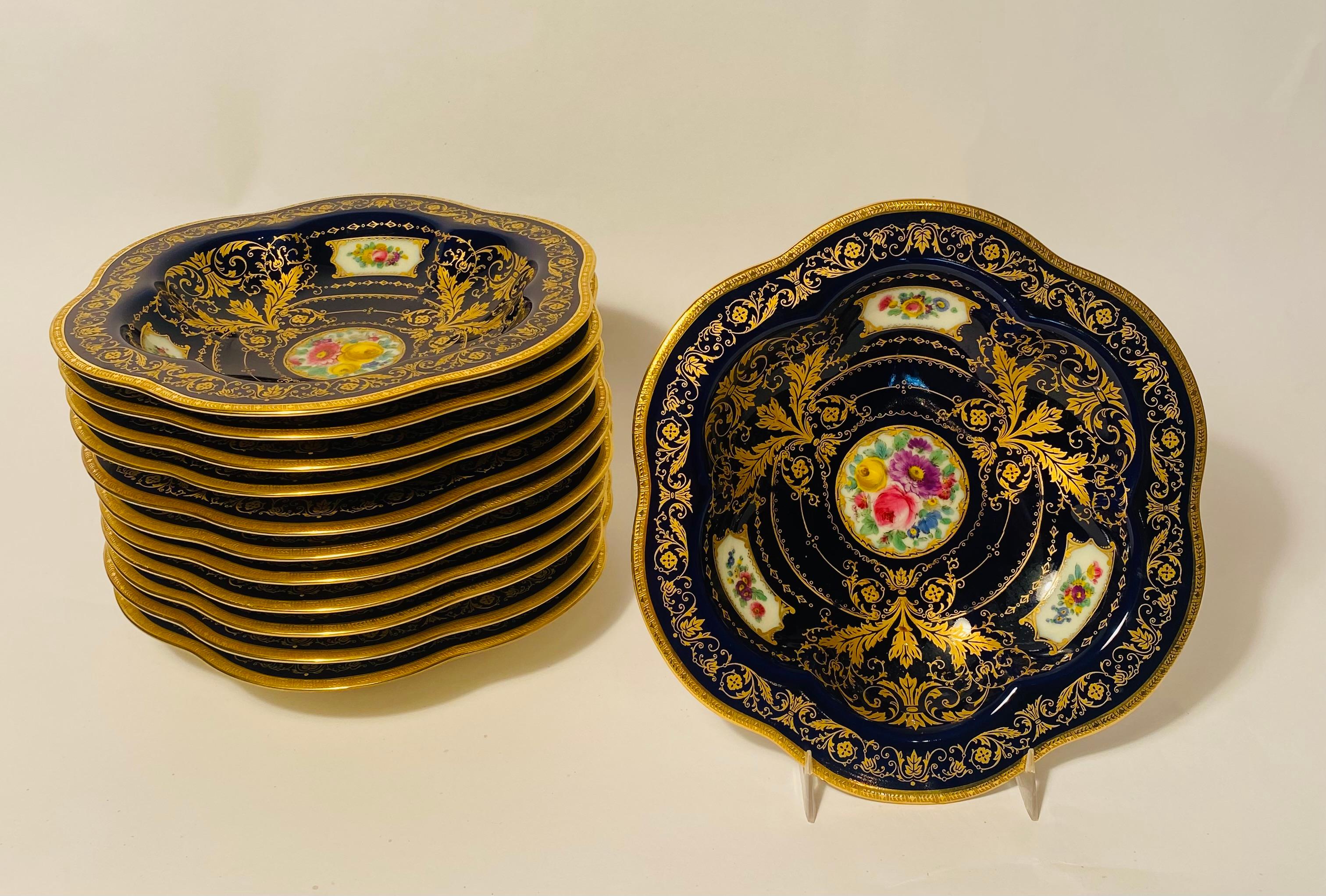 12 Antique Cobalt Blue Hand Painted Floral Cartouches Shaped Soup or Entre Bowls In Good Condition In West Palm Beach, FL