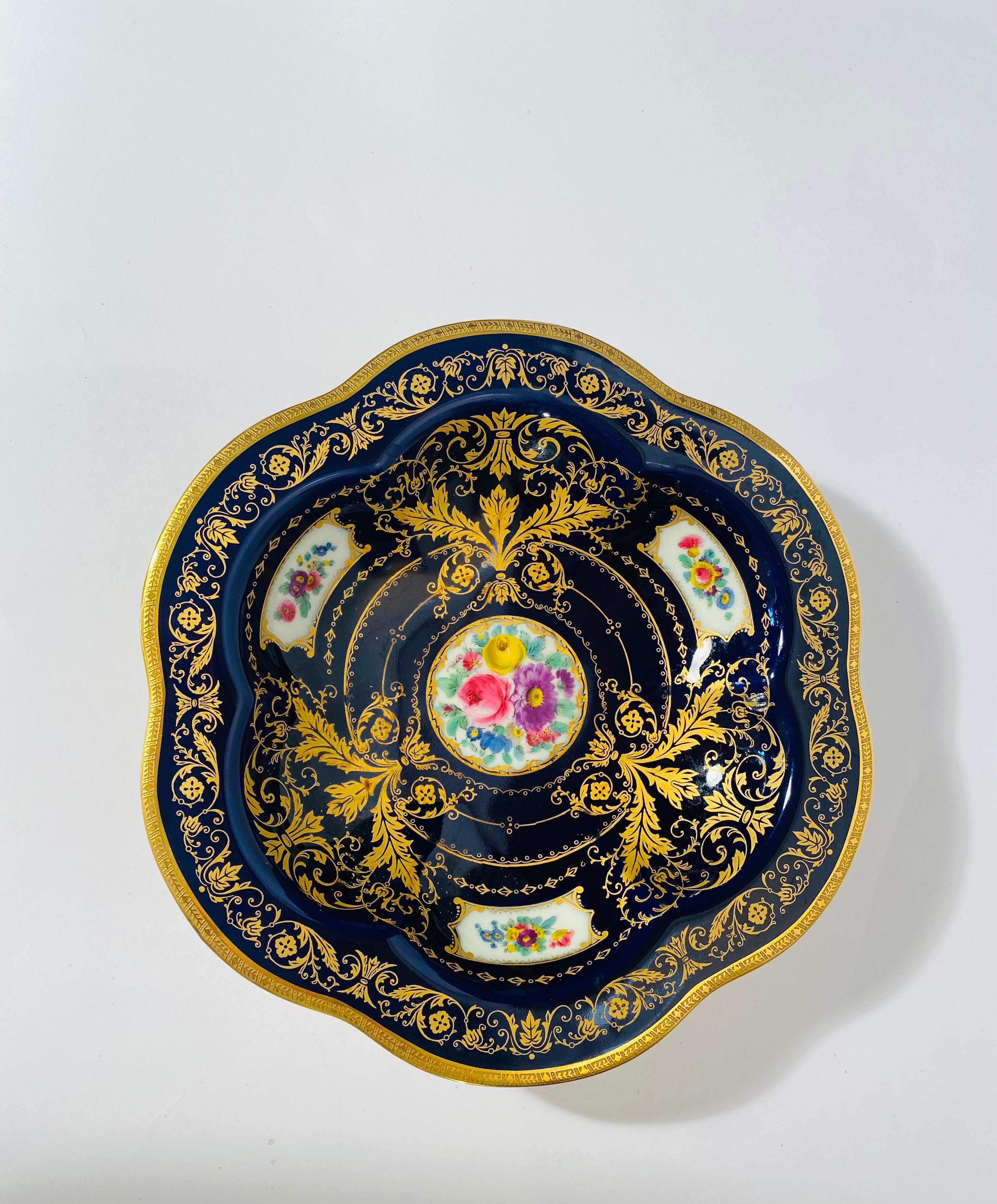 Early 20th Century 12 Antique Cobalt Blue Hand Painted Floral Cartouches Shaped Soup or Entre Bowls