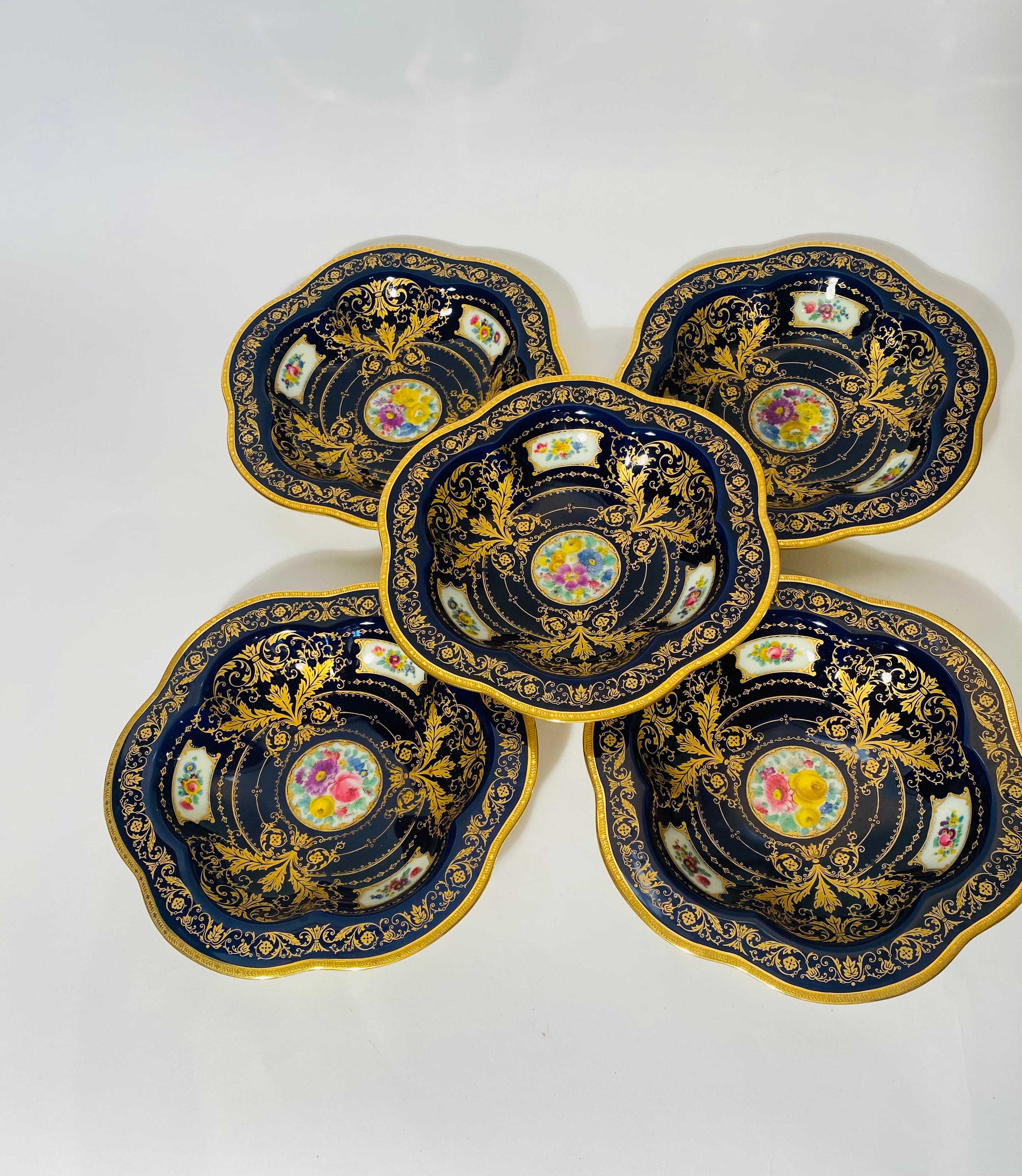 Gold 12 Antique Cobalt Blue Hand Painted Floral Cartouches Shaped Soup or Entre Bowls