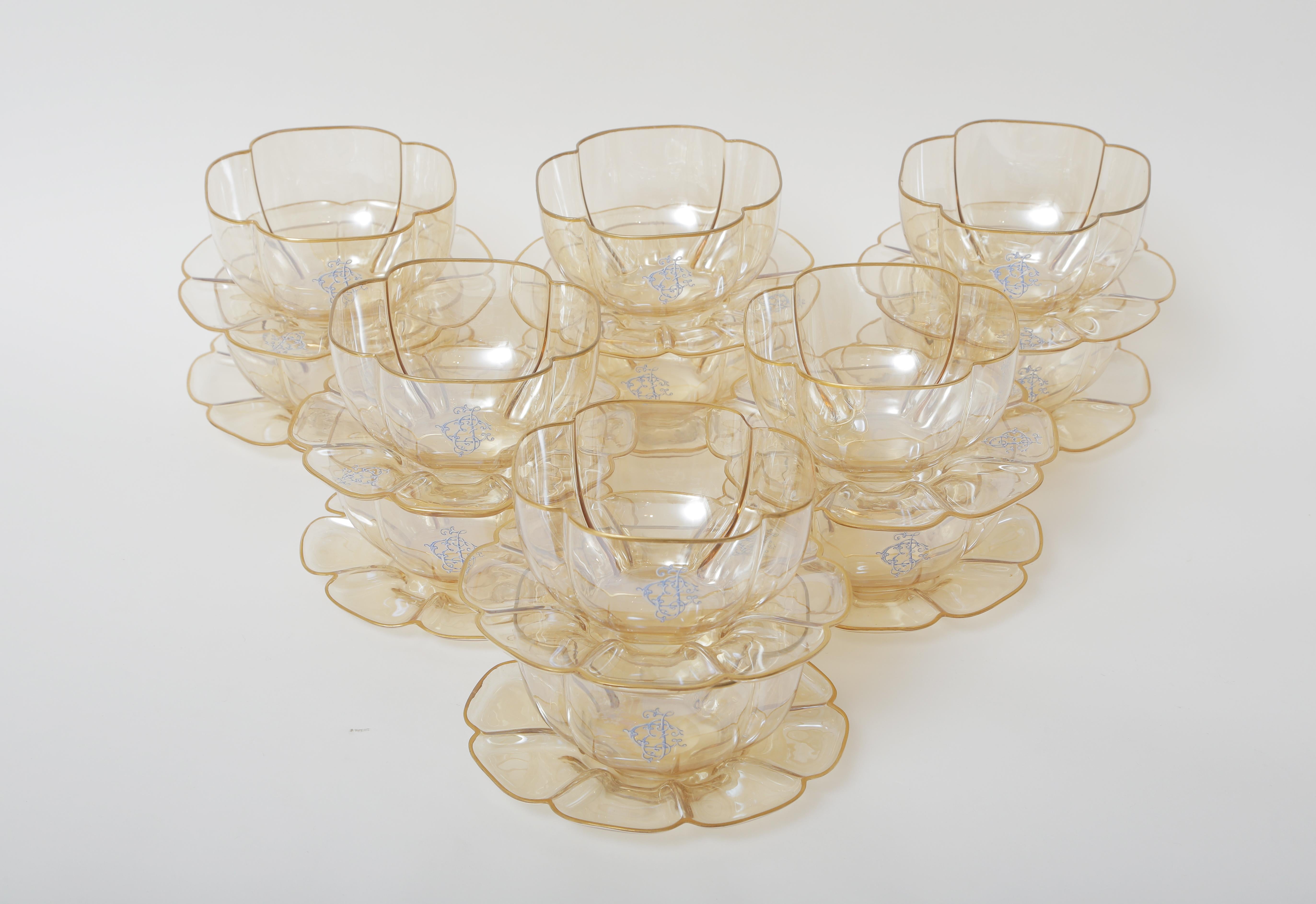 Czech 12 Antique Crystal Dessert Bowls with 12 Plates, 19th Century Moser, 24 Pieces
