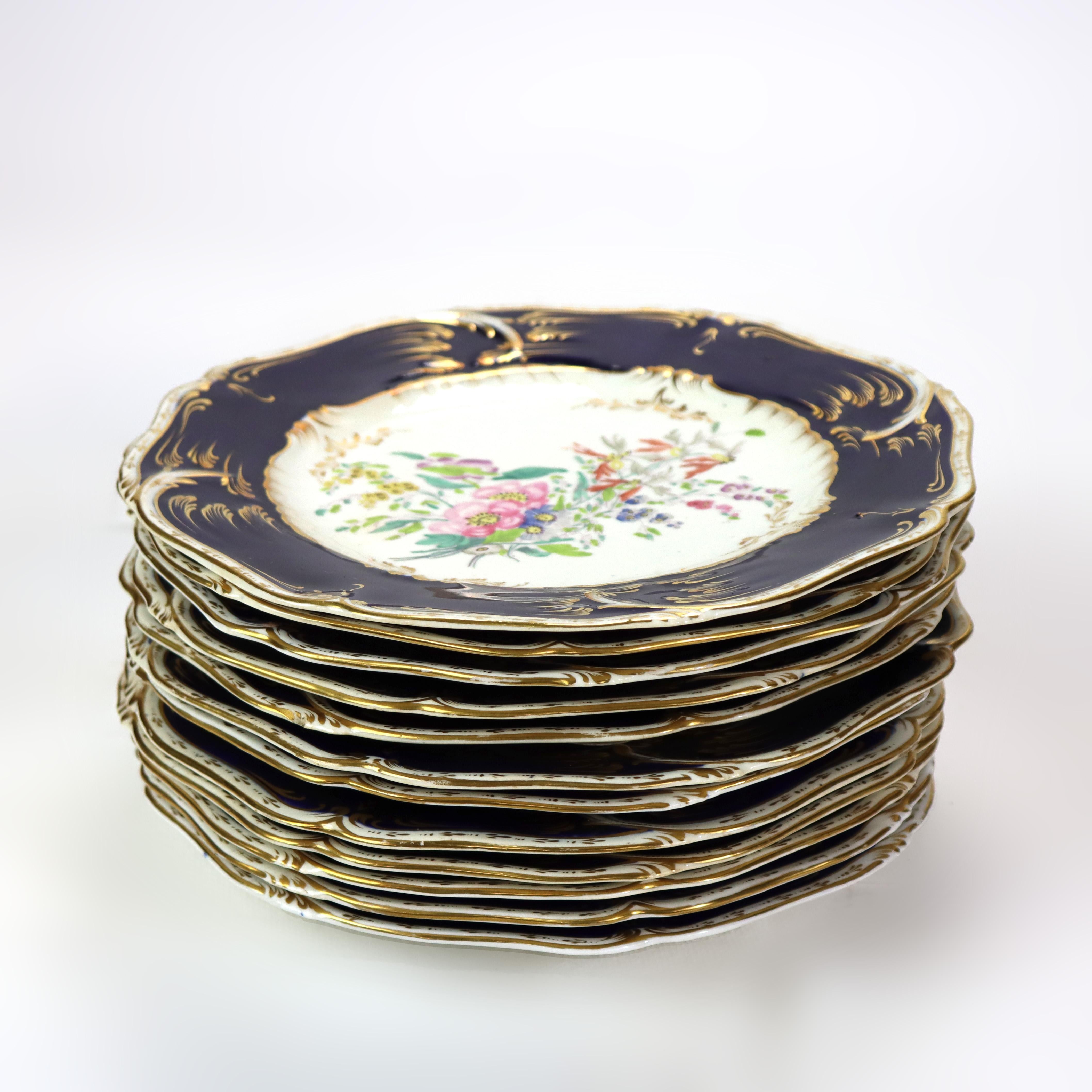 12 Antique English Cobalt Blue & Gilt Porcelain Plates C1900 For Sale 3