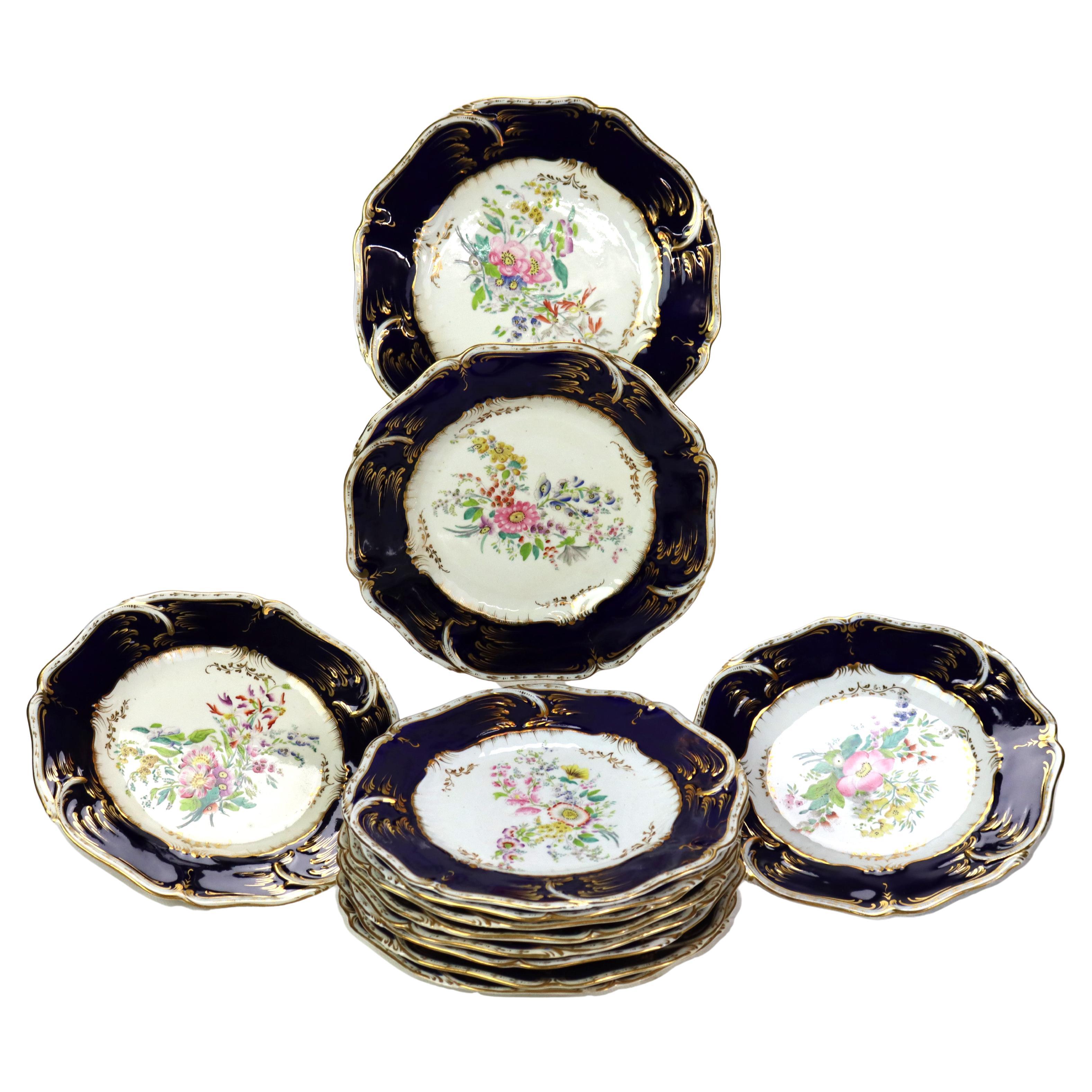 12 Antique English Cobalt Blue & Gilt Porcelain Plates C1900