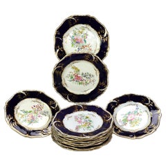 12 Antique English Cobalt Blue & Gilt Porcelain Plates C1900