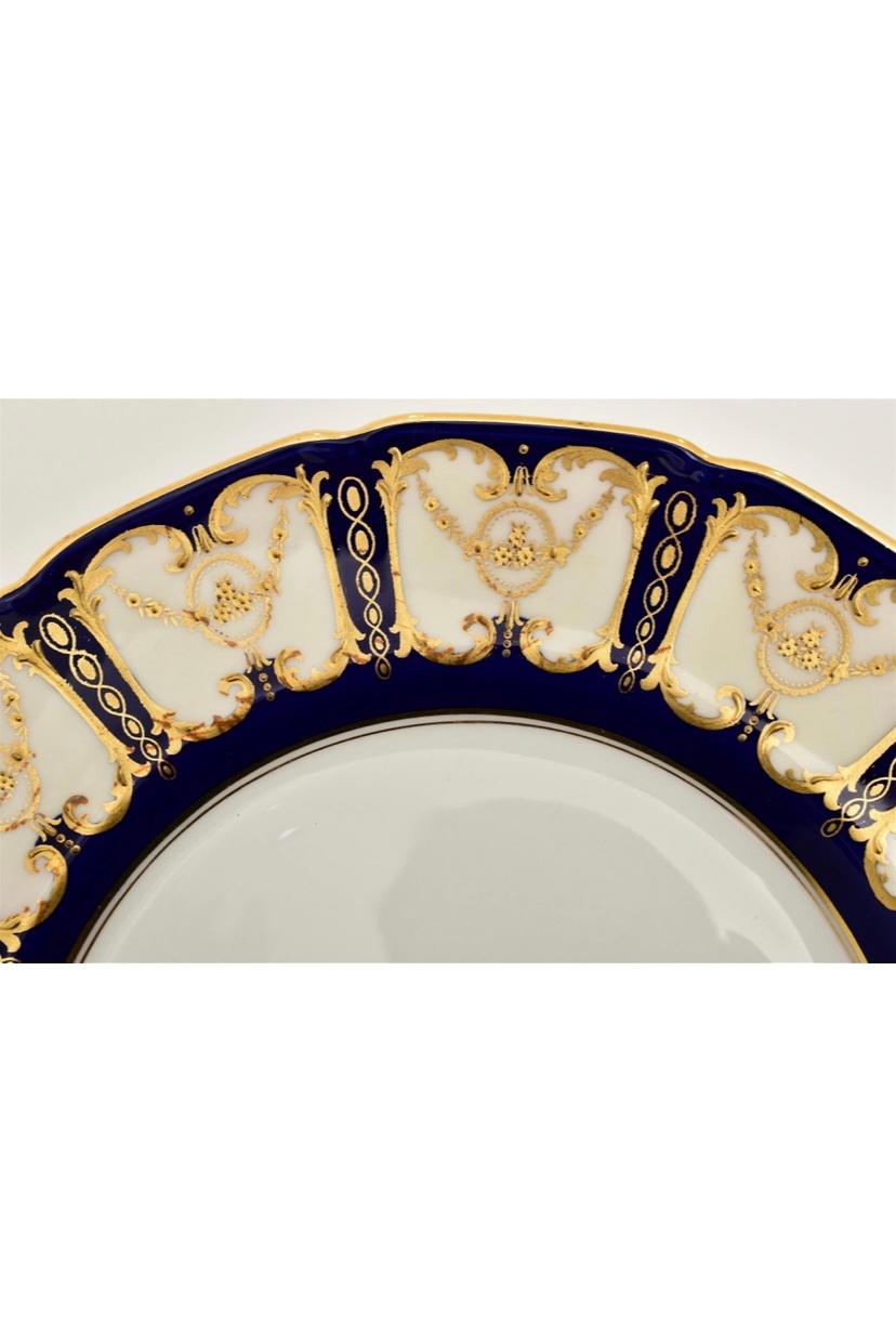 British 12 Antique English Cobalt Blue & Raised Gold Dinner Plates Circa 1915 For Sale