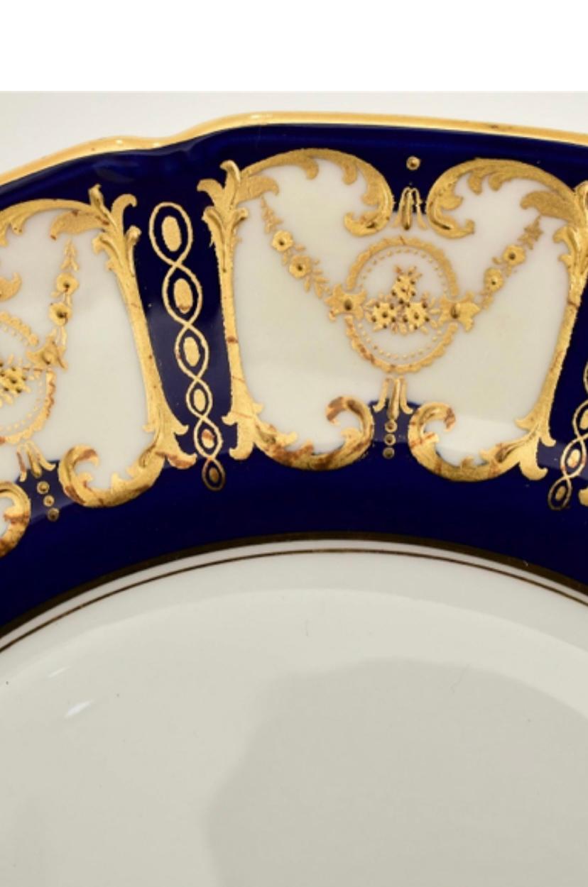 Hand-Crafted 12 Antique English Cobalt Blue & Raised Gold Dinner Plates Circa 1915 For Sale