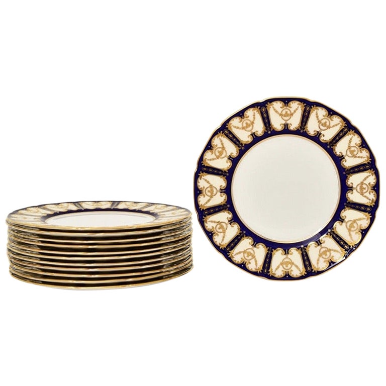 12 Antique English Cobalt Blue & Raised Gold Dinner Plates Circa 1915