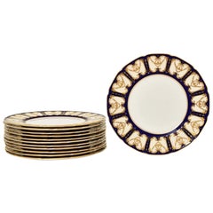 12 Antique English Cobalt Blue & Raised Gold Dinner Plates Circa 1915