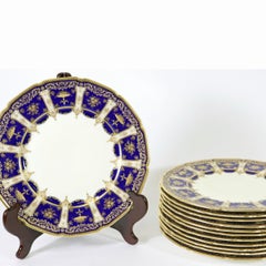 12 Antique English Cobalt Blue & Raised Gold Dinner Plates. Exquisite