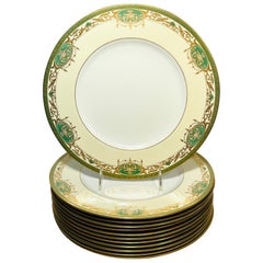 12 Antique English Green & Embossed Gilt Dinner Plates, Neo Classical Motif