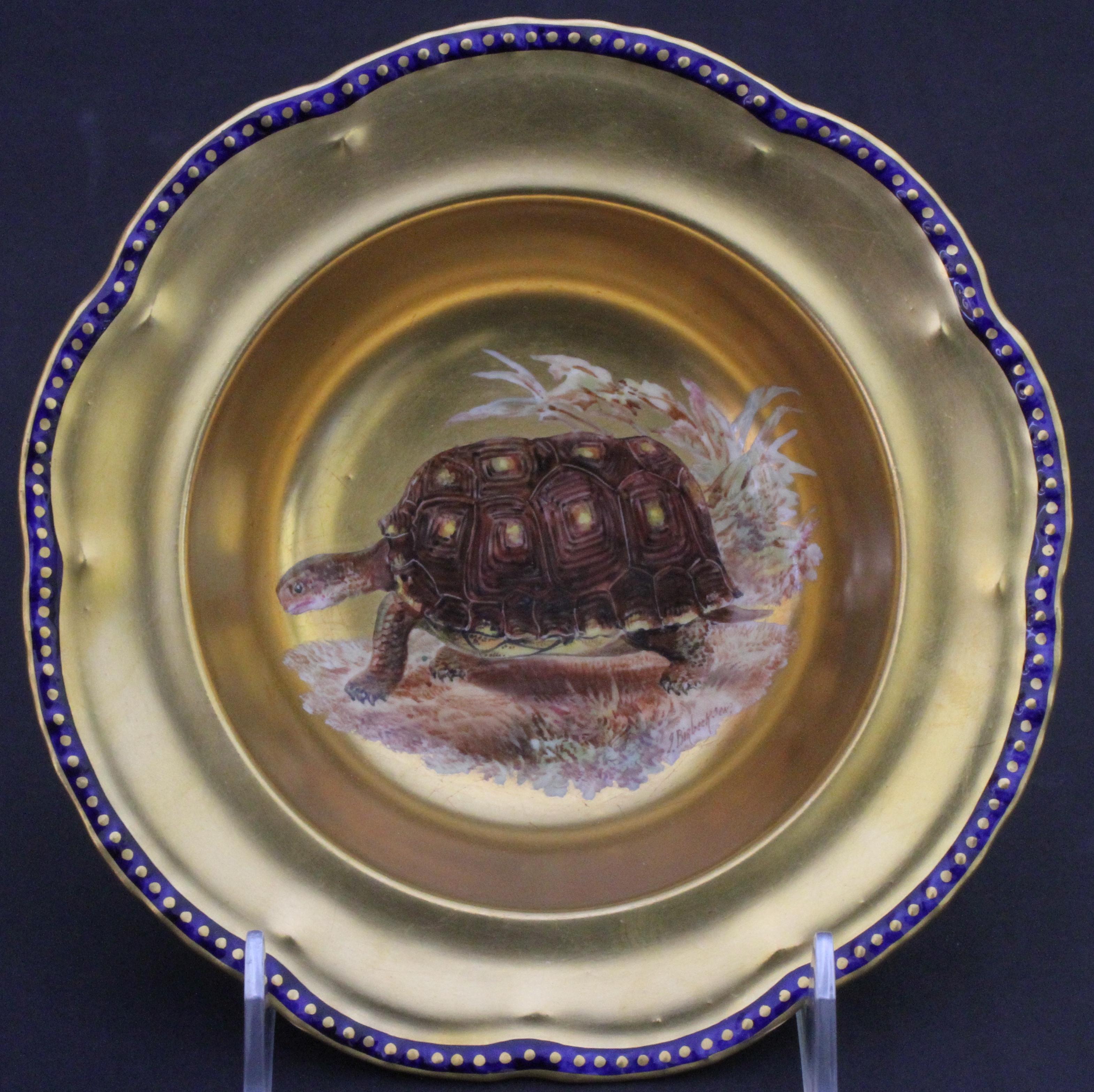 12 Antique English Hand Painted Gilt Turtle Soup Bowls For Sale 1