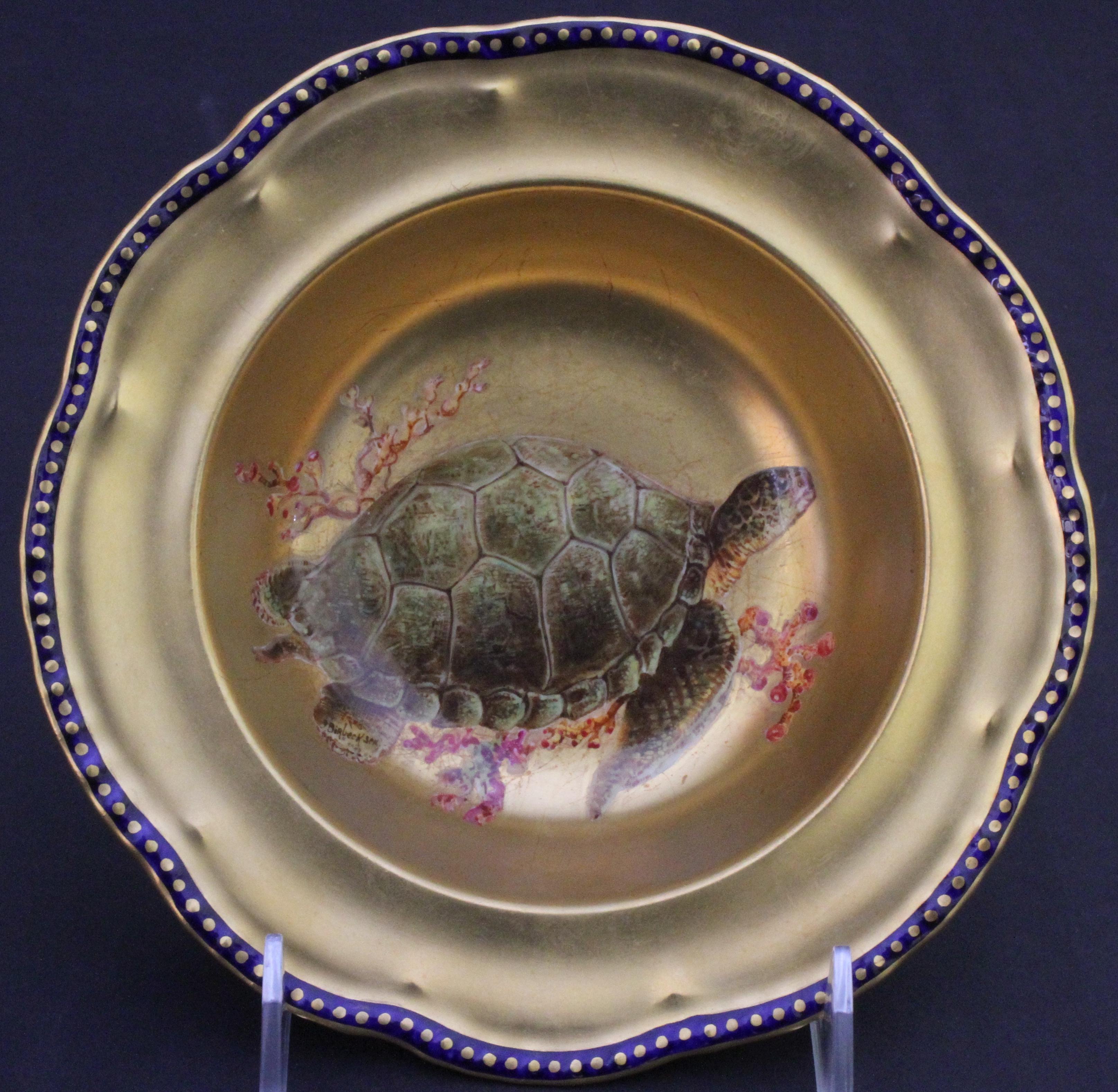 12 Antique English Hand Painted Gilt Turtle Soup Bowls For Sale 2