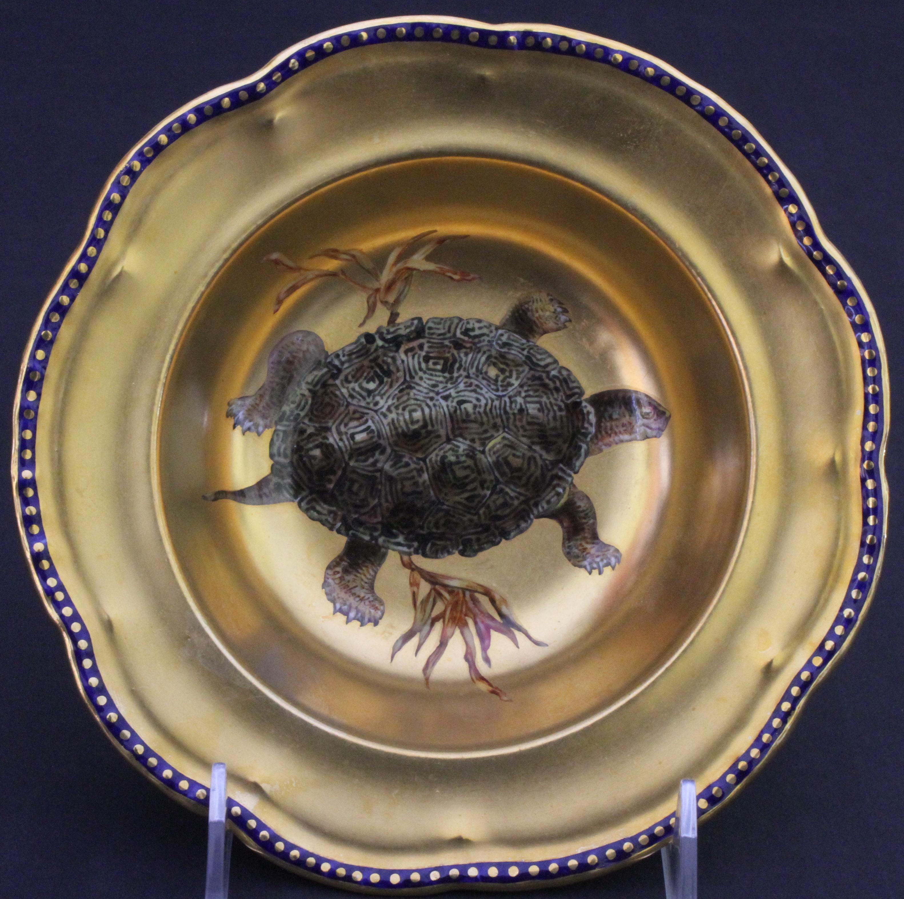 12 Antique English Hand Painted Gilt Turtle Soup Bowls For Sale 3