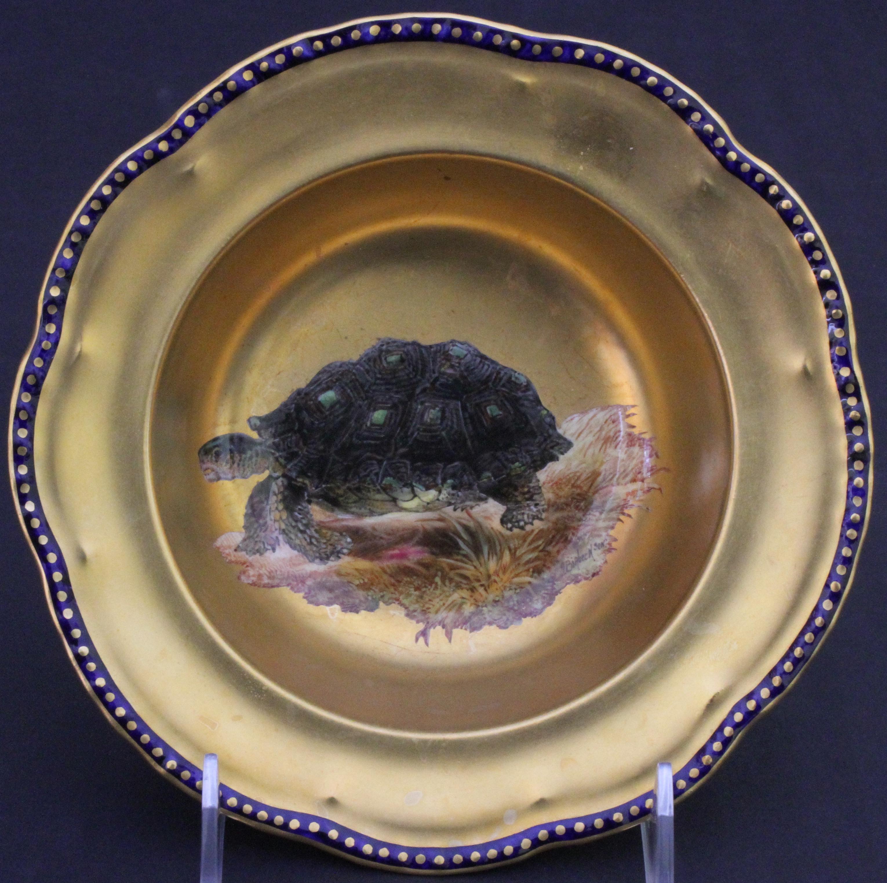 12 Antique English Hand Painted Gilt Turtle Soup Bowls For Sale 4