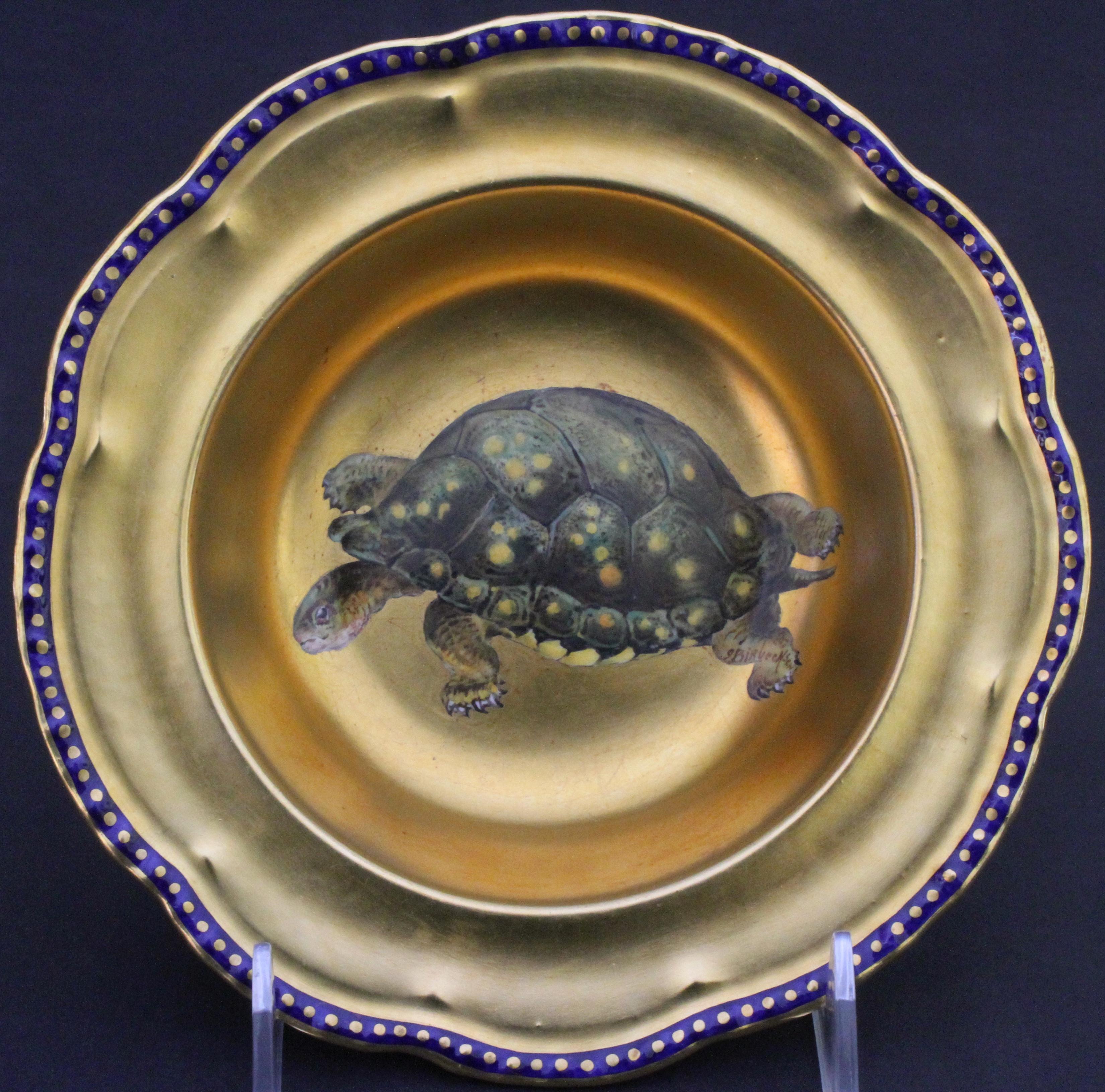 Here is a stunning set of 12 Cauldon, England hand painted turtle, terrapin or tortoise soup bowls. Each bowl features a finely detailed rendering of a turtle, terrapin or tortoise in a naturalistic aquatic setting. The bowls are completely