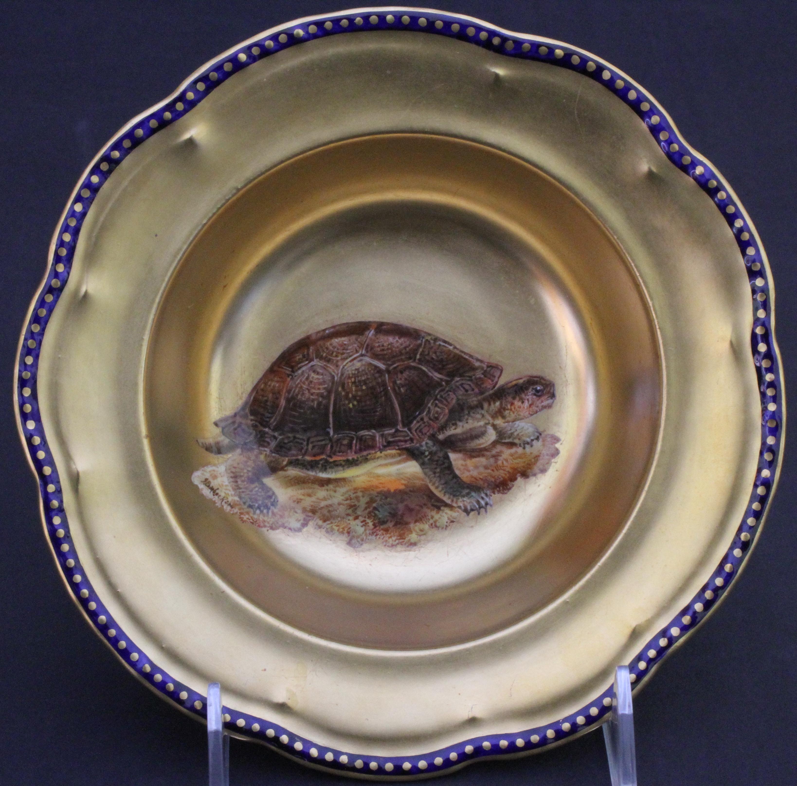 Aesthetic Movement 12 Antique English Hand Painted Gilt Turtle Soup Bowls For Sale