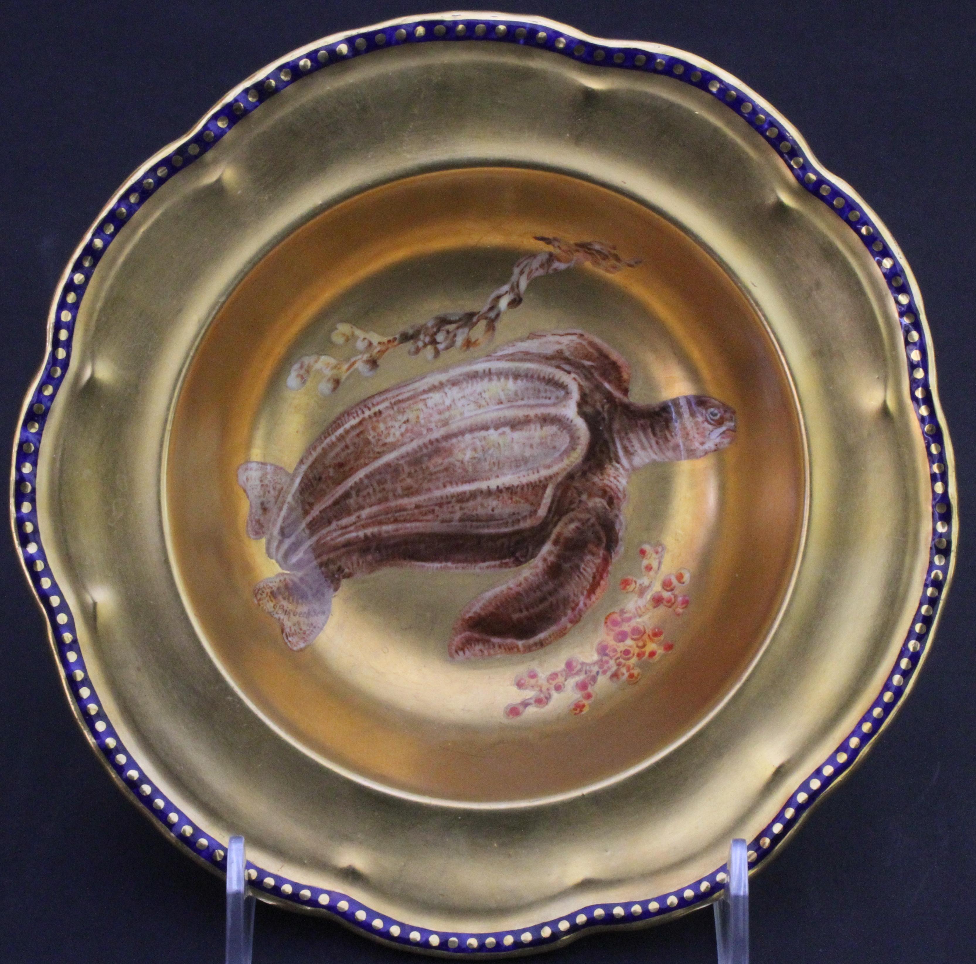 Hand-Painted 12 Antique English Hand Painted Gilt Turtle Soup Bowls For Sale