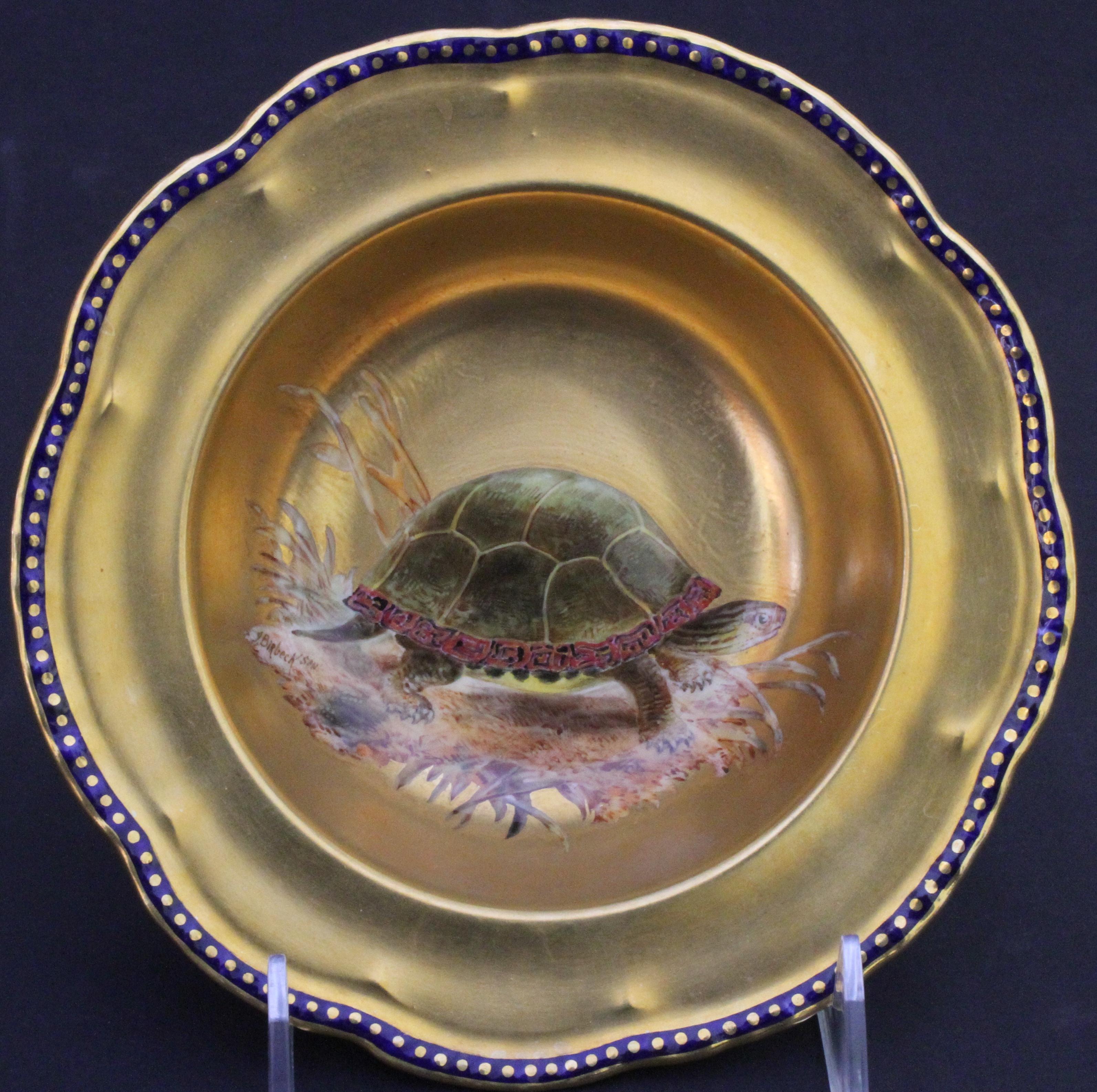 19th Century 12 Antique English Hand Painted Gilt Turtle Soup Bowls For Sale