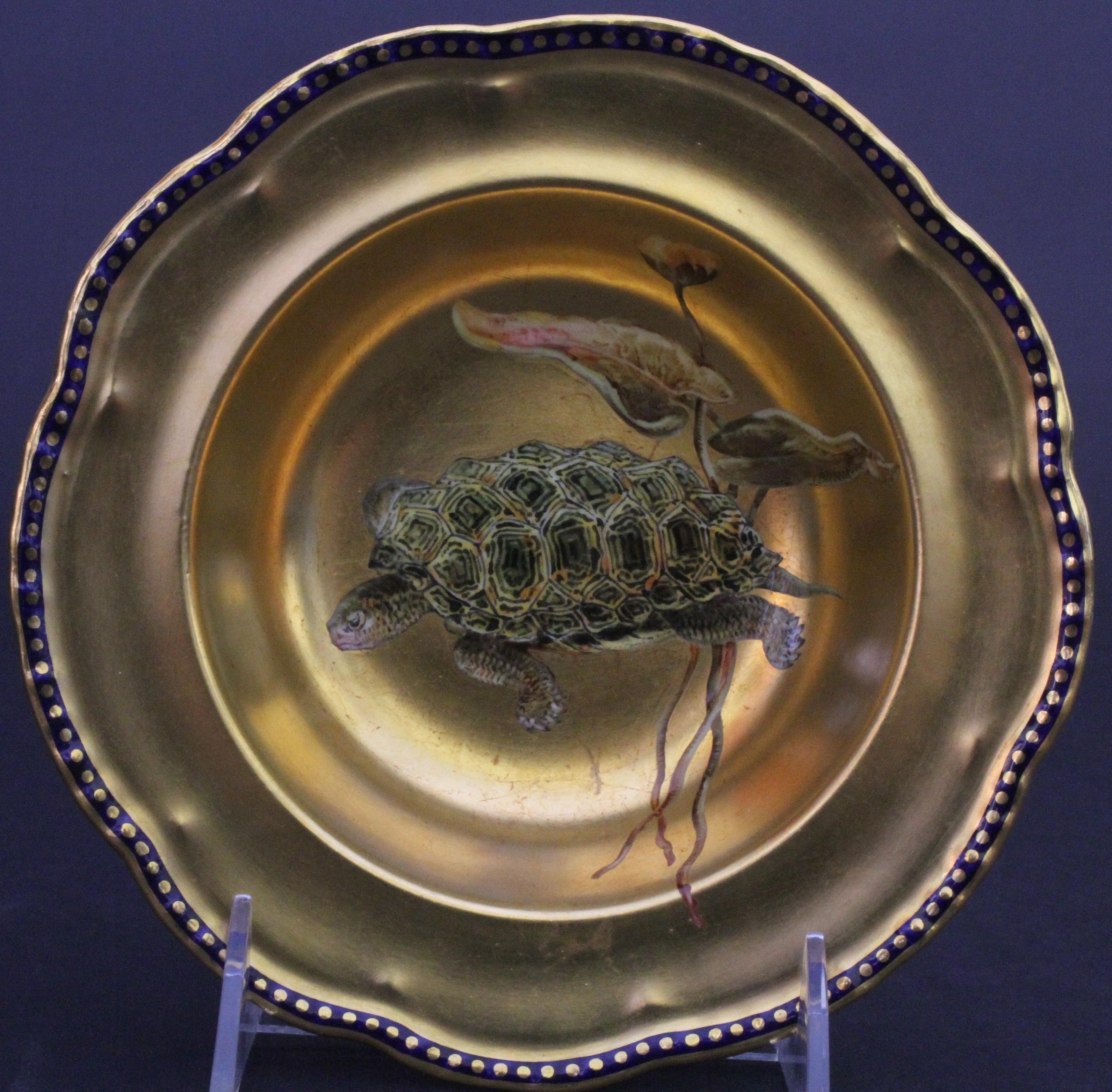 Gold 12 Antique English Hand Painted Gilt Turtle Soup Bowls For Sale