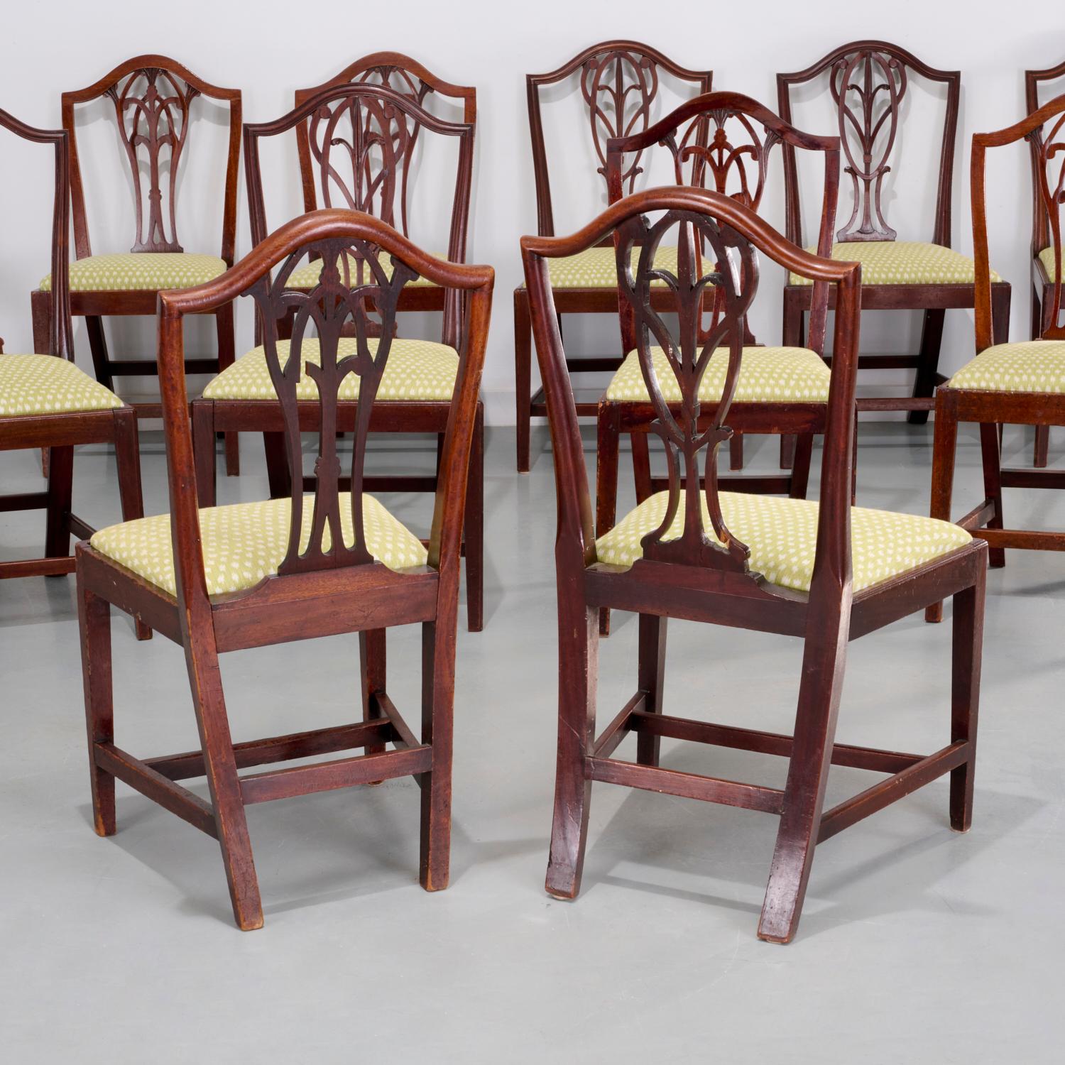Fabric 12 Antique English Hepplewhite Style Dining Chairs Supplied by Mario Buatta For Sale