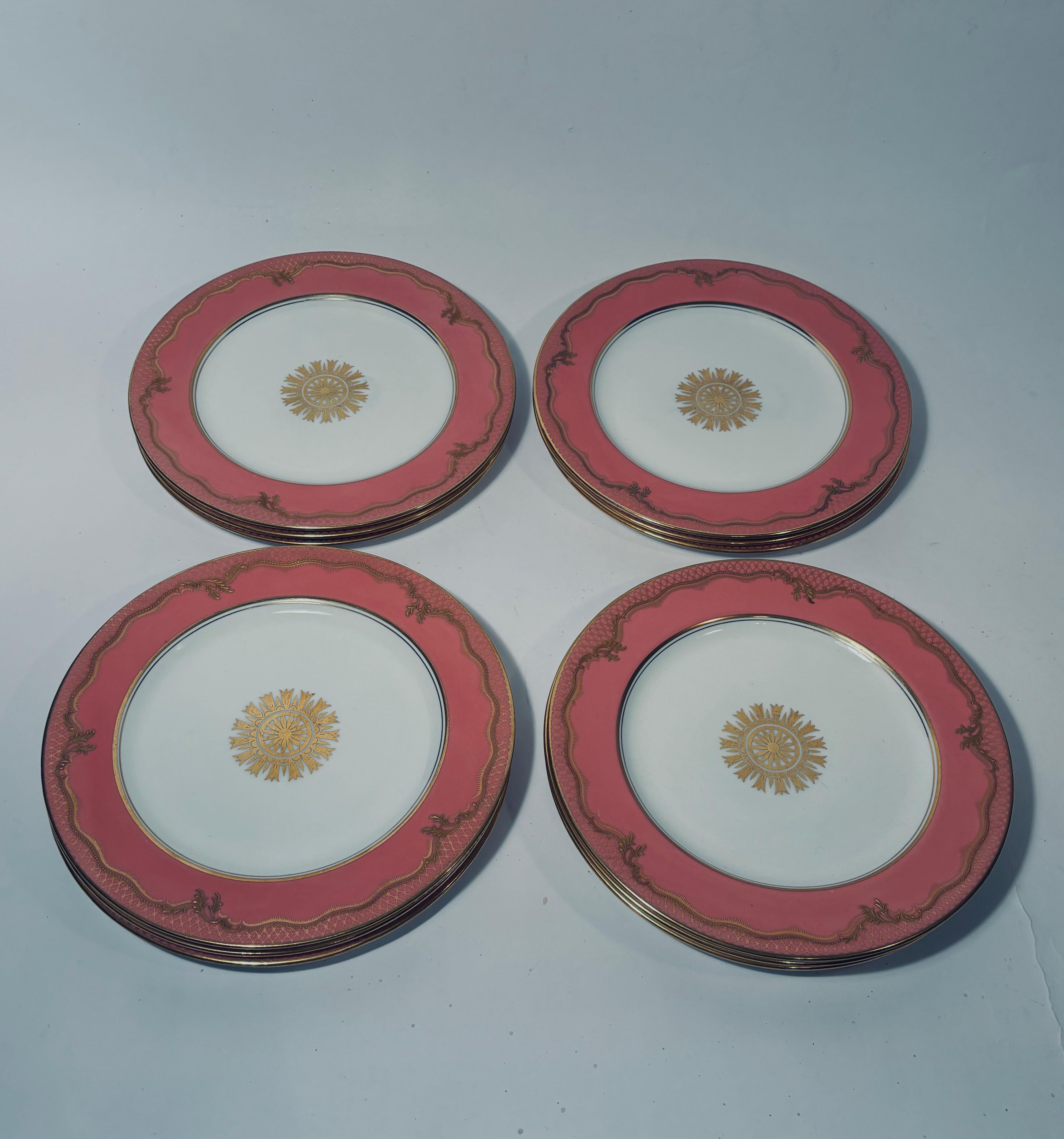 British 12 Antique English Pink & Raised Gold Dessert Plates With Center Medallion