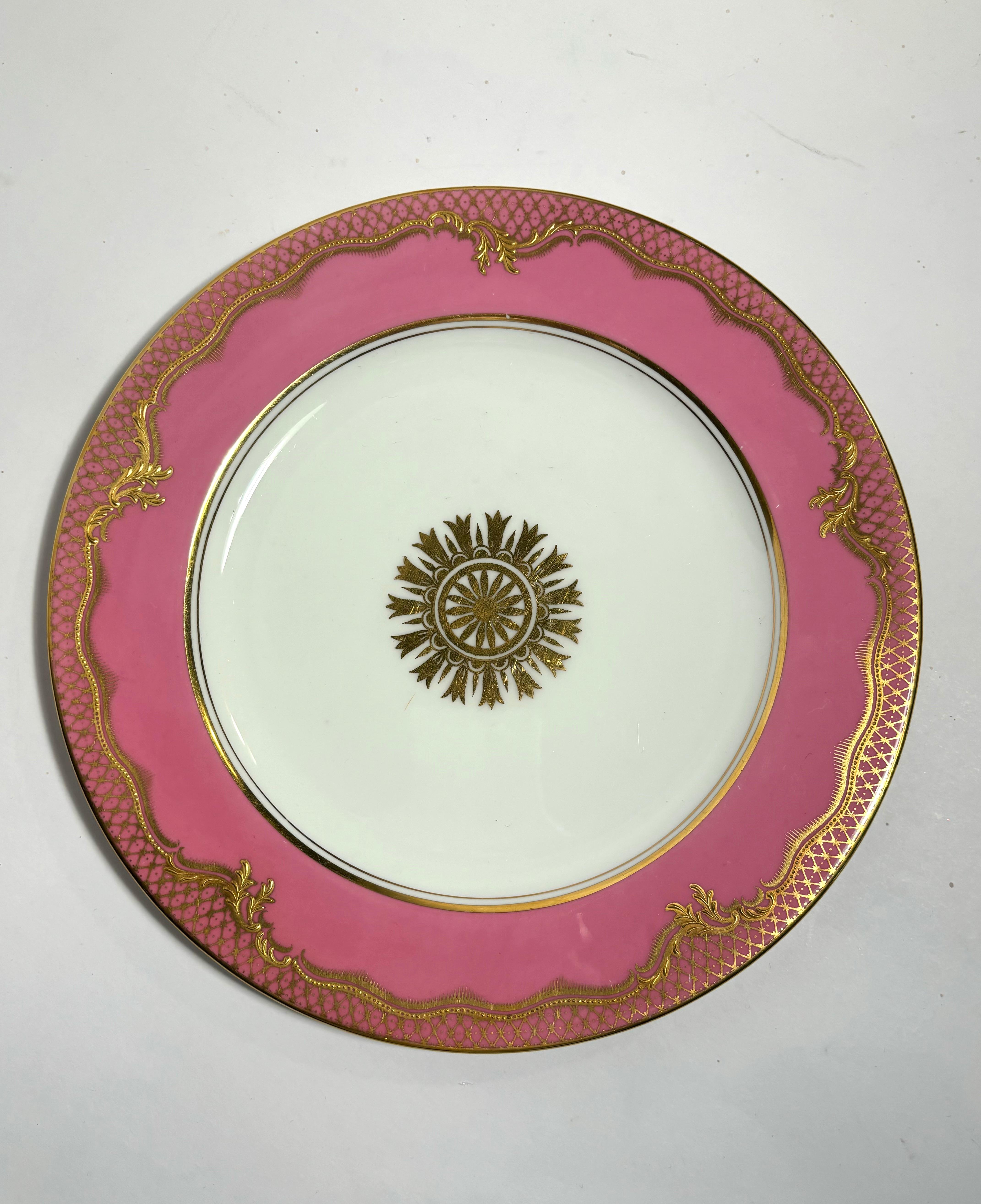 Hand-Crafted 12 Antique English Pink & Raised Gold Dessert Plates With Center Medallion