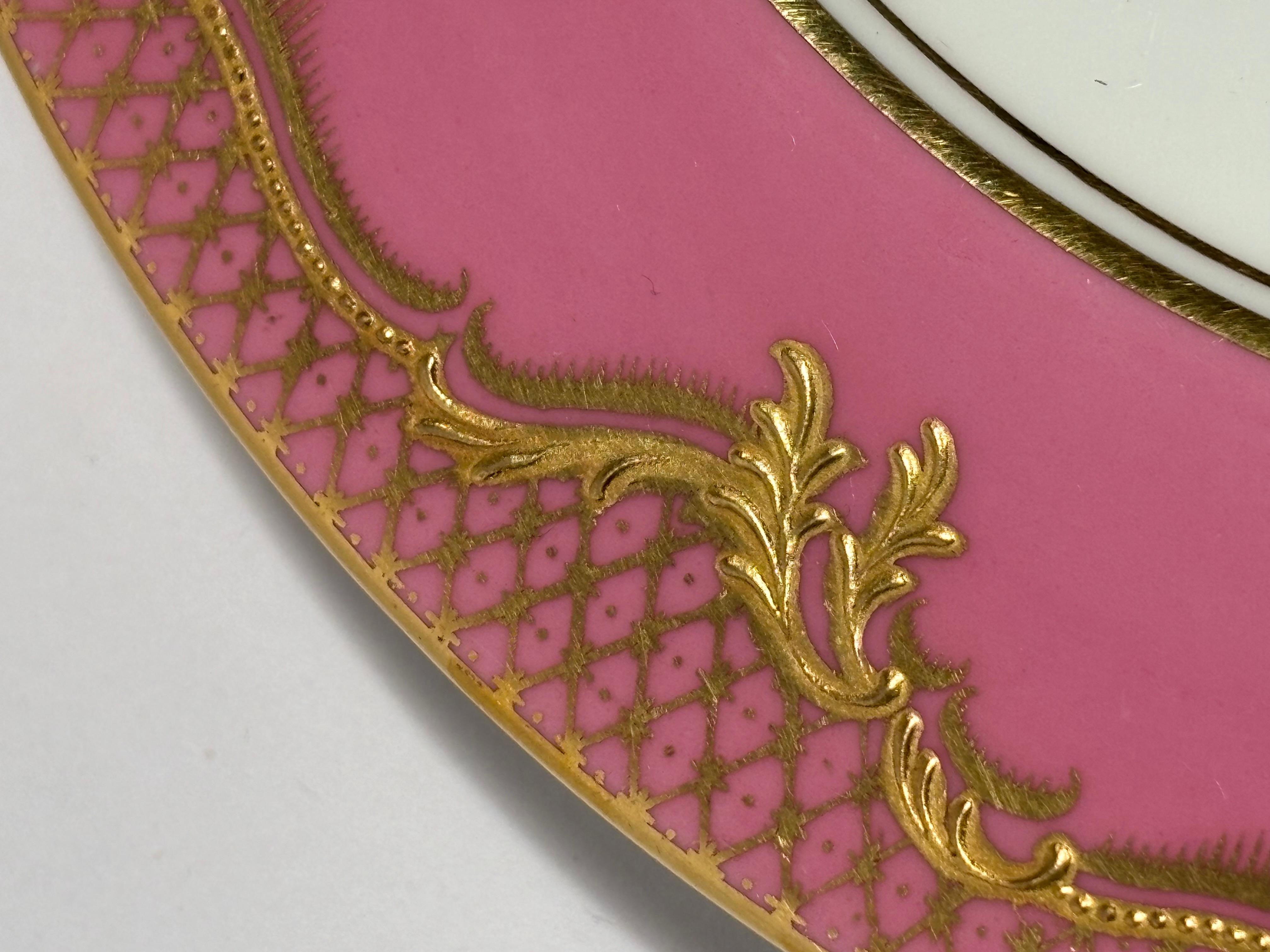12 Antique English Pink & Raised Gold Dessert Plates With Center Medallion In Good Condition In West Palm Beach, FL