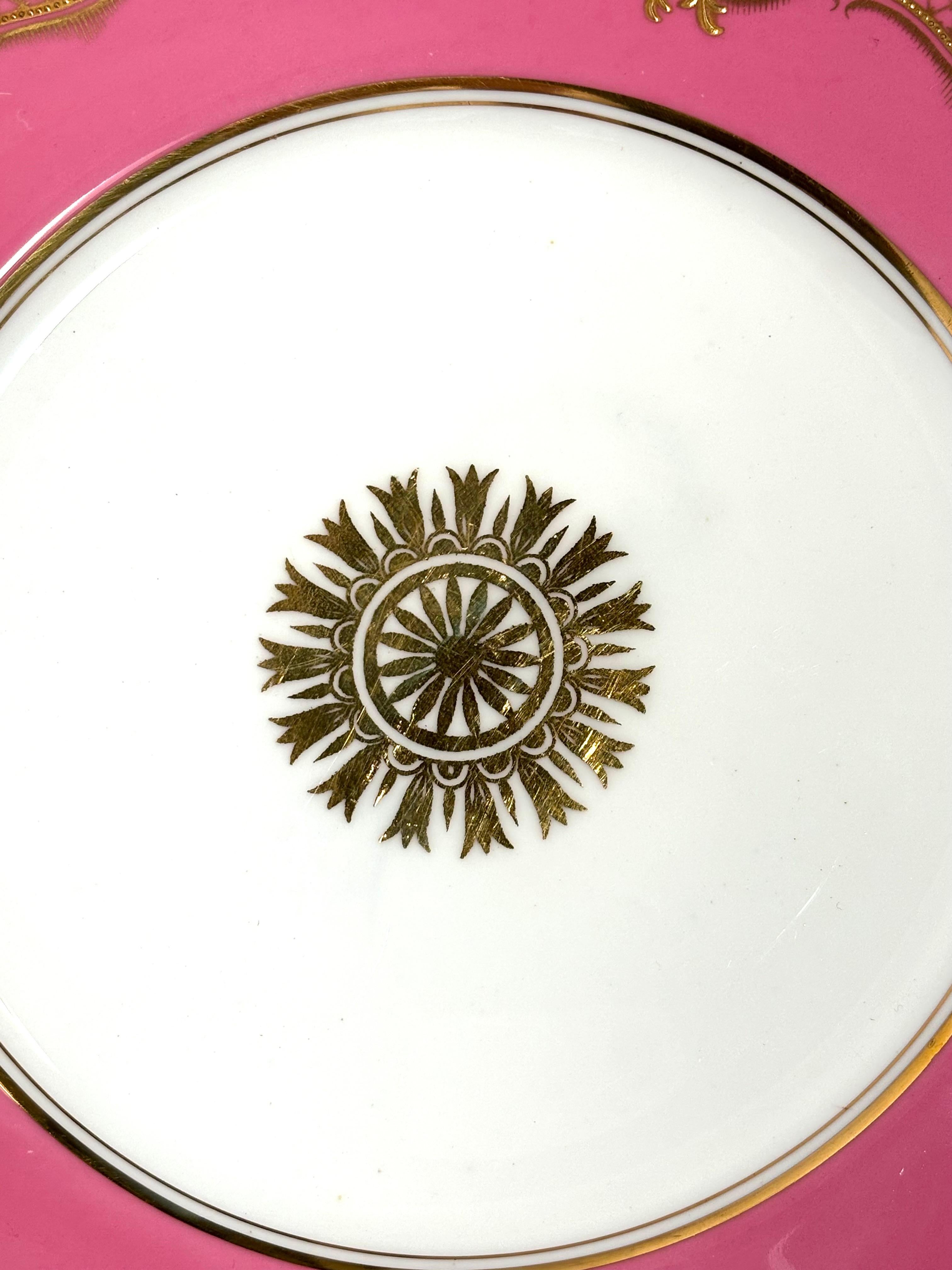 Early 20th Century 12 Antique English Pink & Raised Gold Dessert Plates With Center Medallion