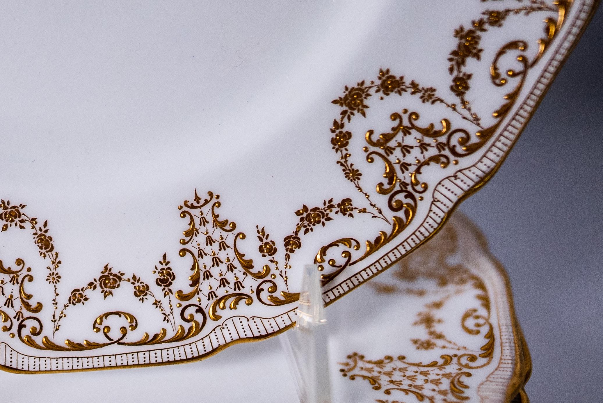 Hand-Crafted 12 Antique English Raised Gilt Encrusted Salad or Dessert Plates, Circa 1910