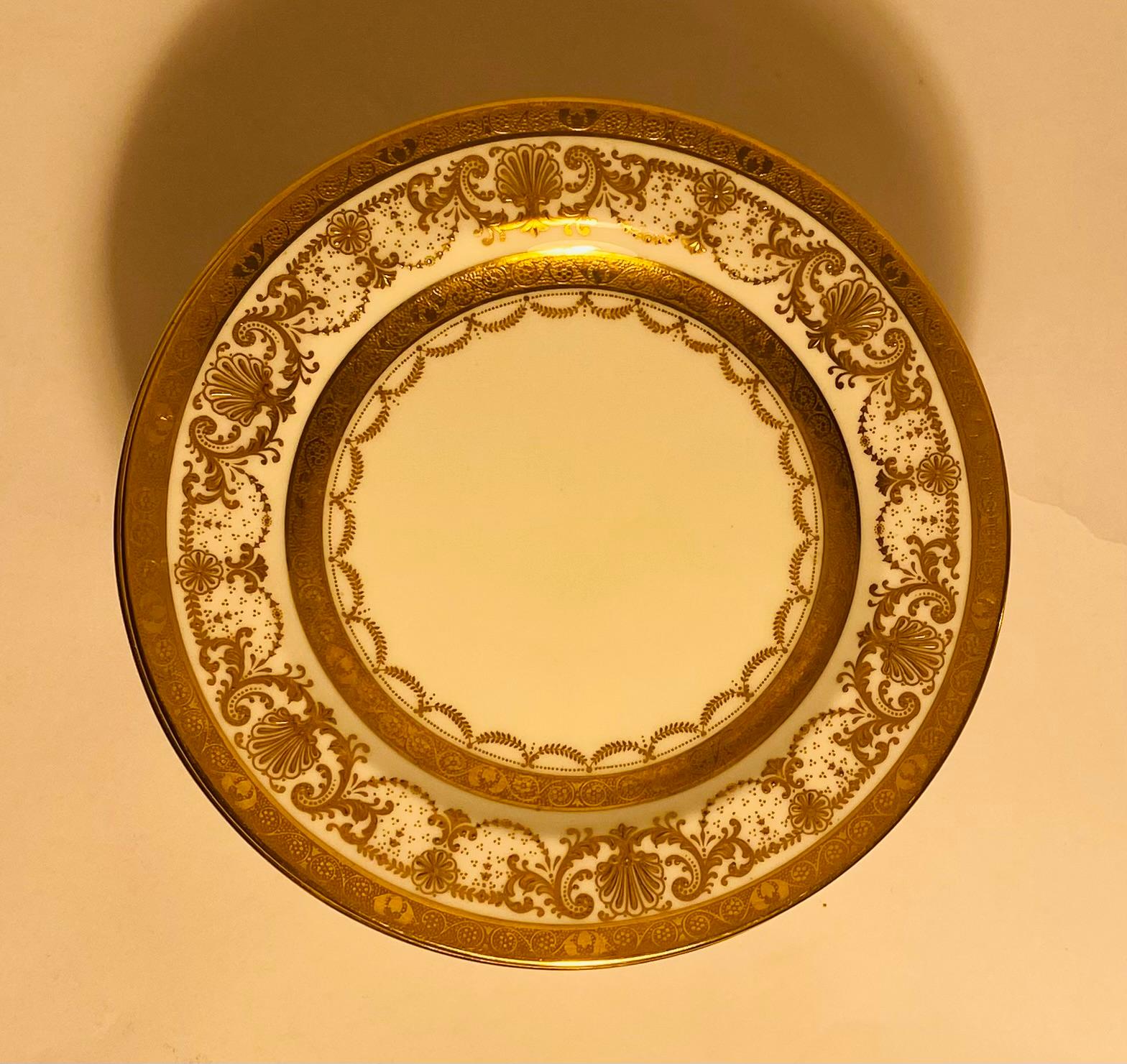Hand-Crafted 12 Antique English Raised Gilt Encrusted Salad or Dessert Plates Circa 1910 For Sale