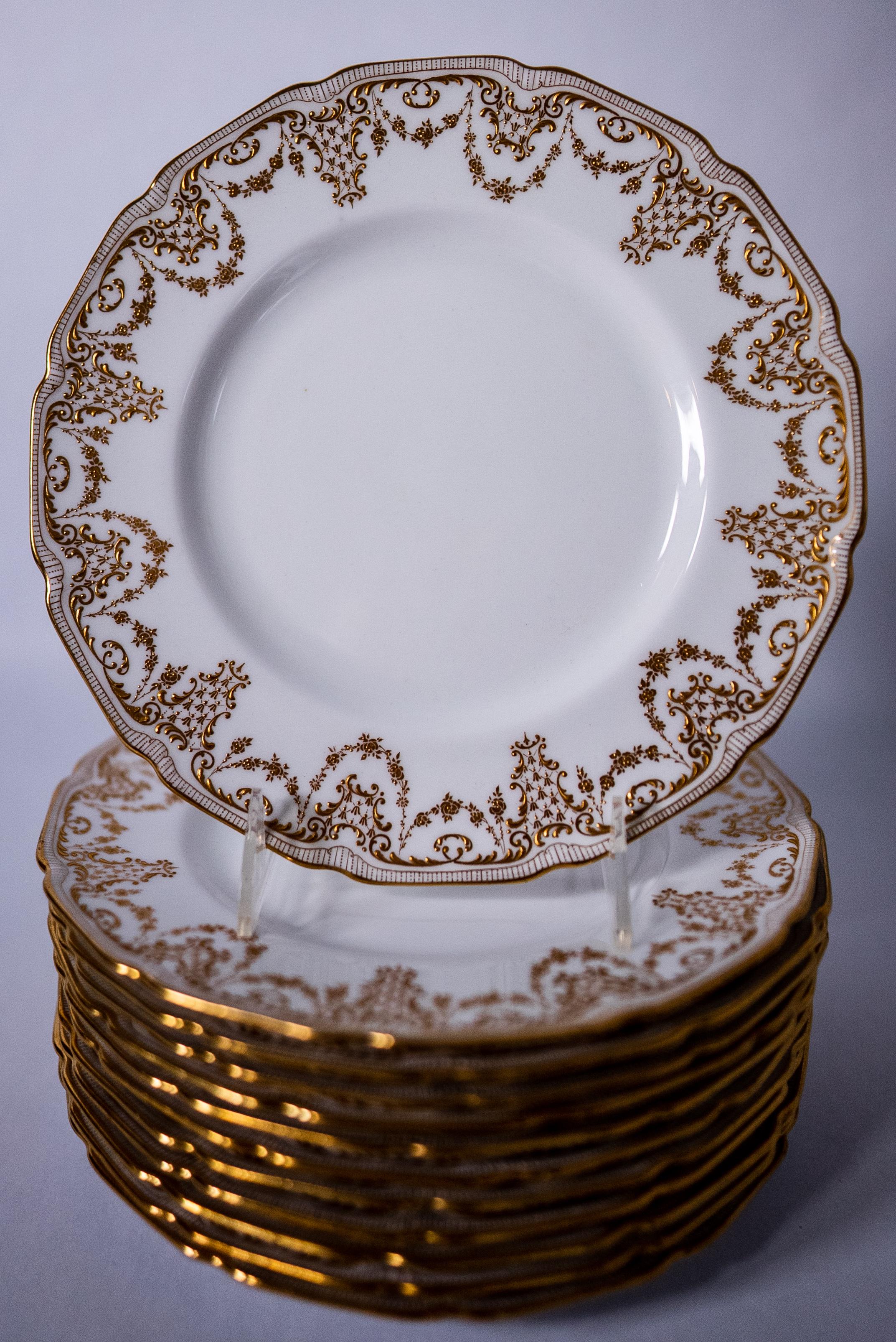 12 Antique English Raised Gilt Encrusted Salad or Dessert Plates, Circa 1910 In Good Condition In West Palm Beach, FL