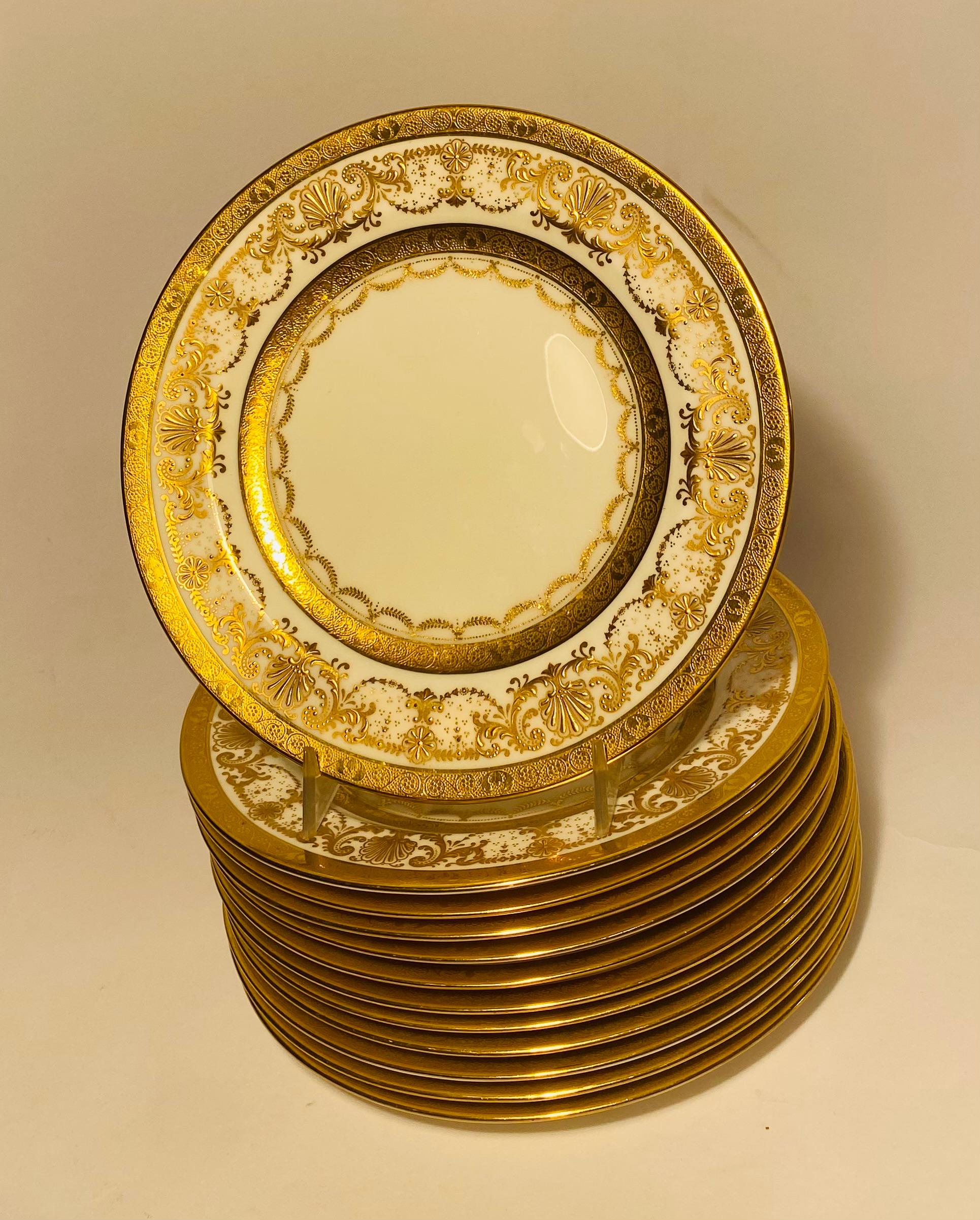 12 Antique English Raised Gilt Encrusted Salad or Dessert Plates Circa 1910 In Good Condition For Sale In West Palm Beach, FL