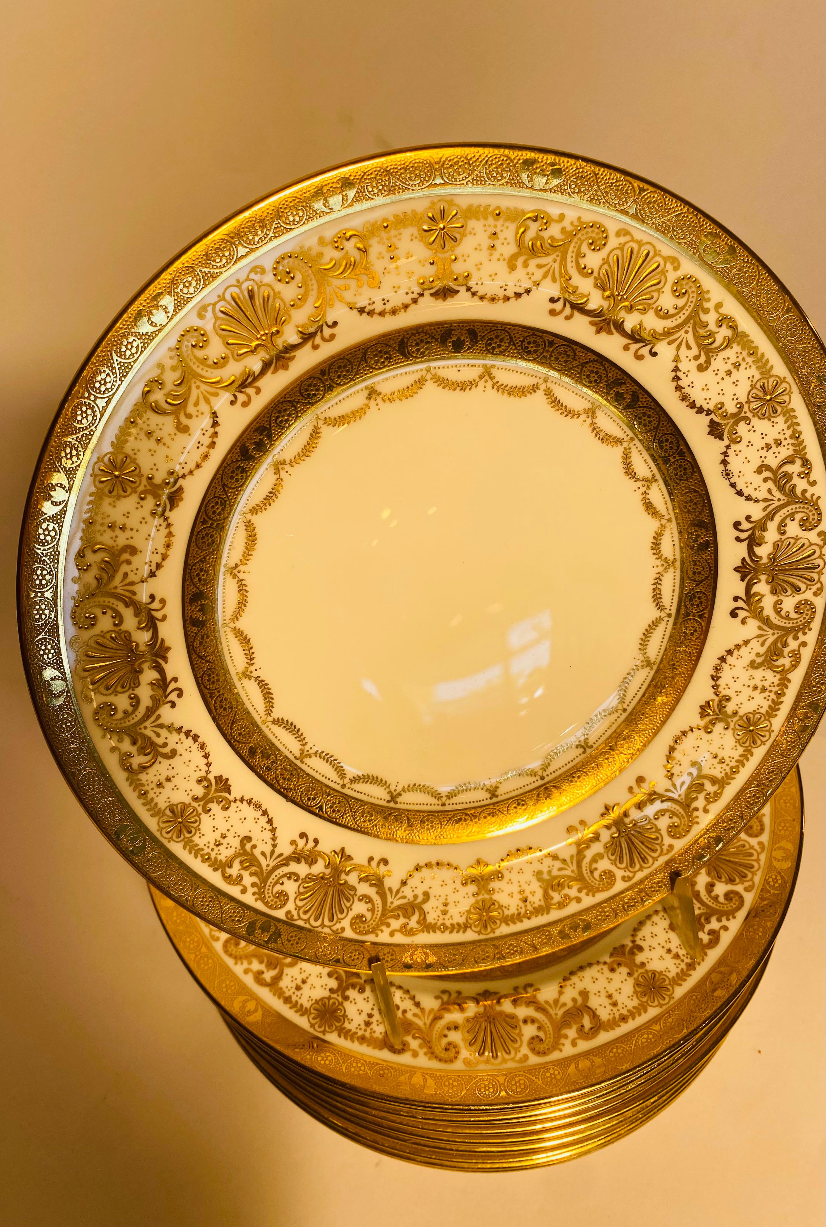 Early 20th Century 12 Antique English Raised Gilt Encrusted Salad or Dessert Plates Circa 1910 For Sale