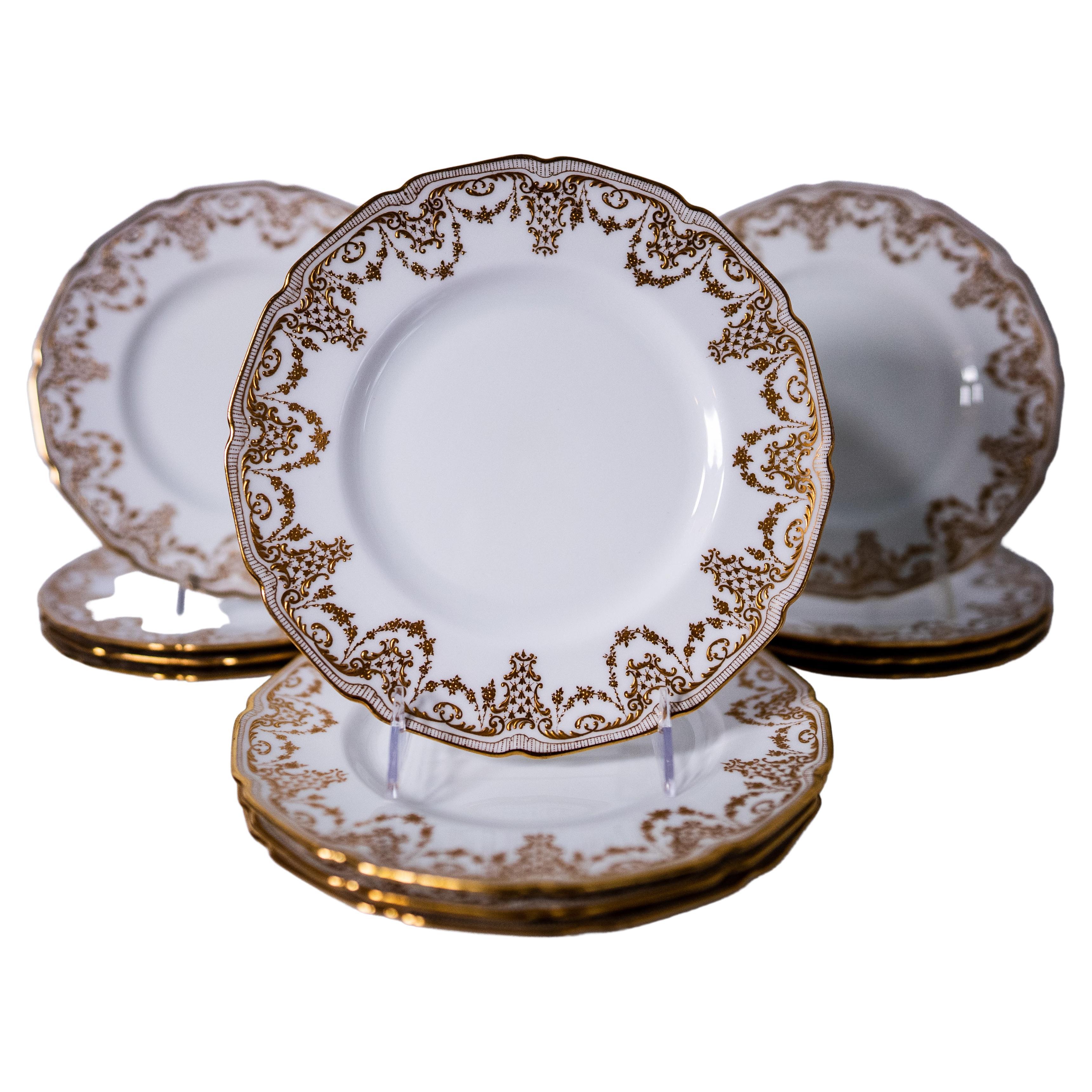 12 Antique English Raised Gilt Encrusted Salad or Dessert Plates, Circa 1910