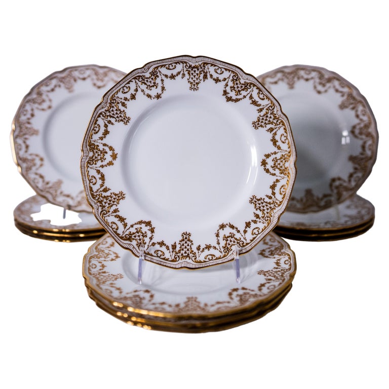 12 Antique English Raised Gilt Encrusted Salad or Dessert Plates, Circa