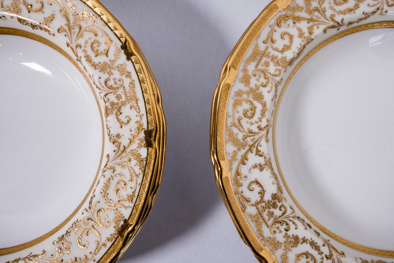 Hand-Crafted 12 Antique English Soup Bowls, Raised Gilt Encrusted Collars and Shaped Edge For Sale