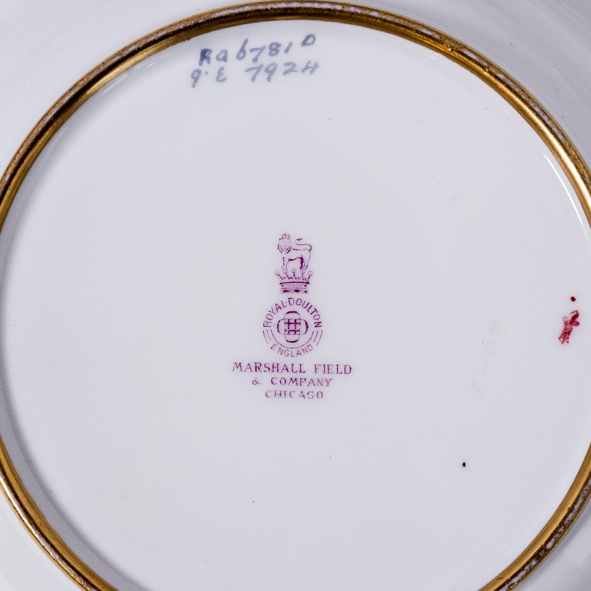 Belle Époque 12 Antique English Soup Bowls, Raised Gilt Encrusted Collars and Shaped Edge
