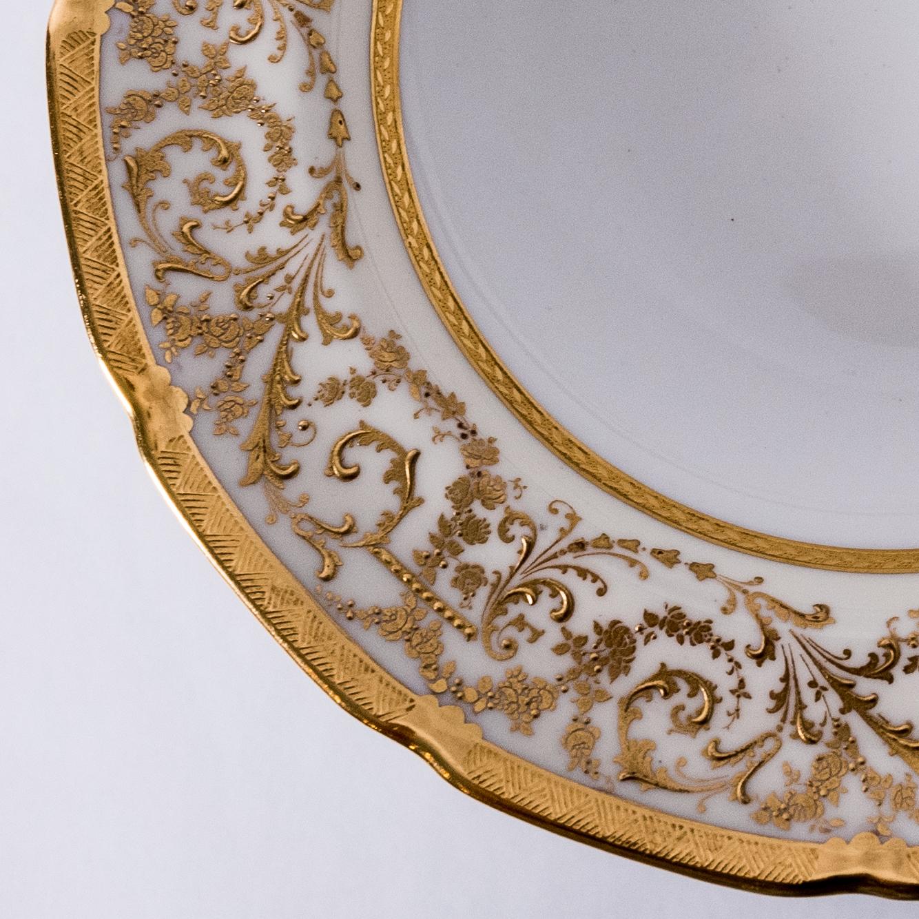 Hand-Crafted 12 Antique English Soup Bowls, Raised Gilt Encrusted Collars and Shaped Edge