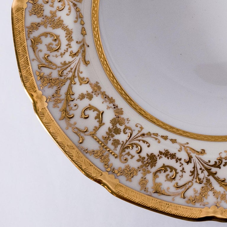 Early 20th Century 12 Antique English Soup Bowls, Raised Gilt Encrusted Collars and Shaped Edge For Sale