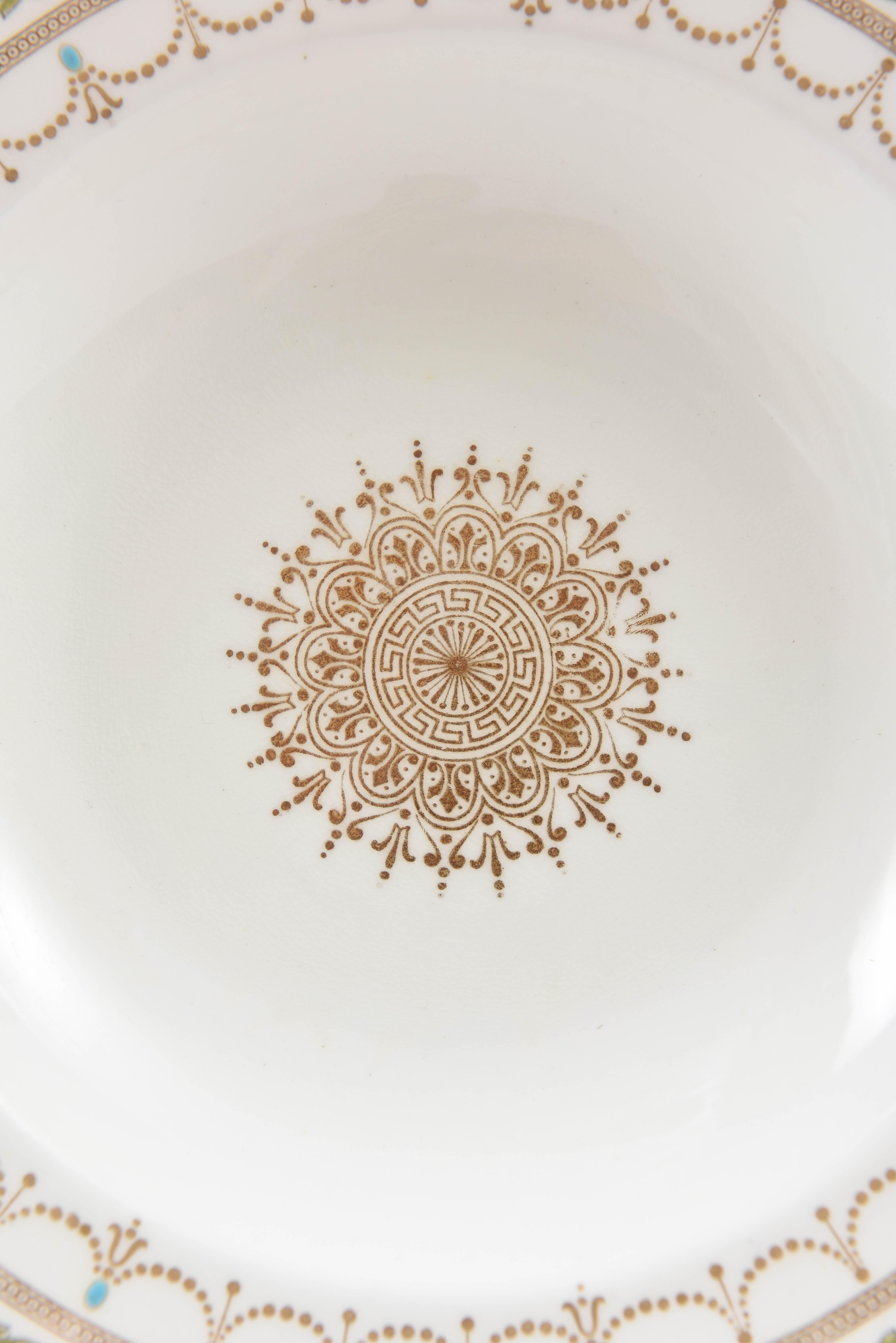 Belle Époque 12 Antique English Soup Bowls, Rimmed with Center Medallion Hand Enameling